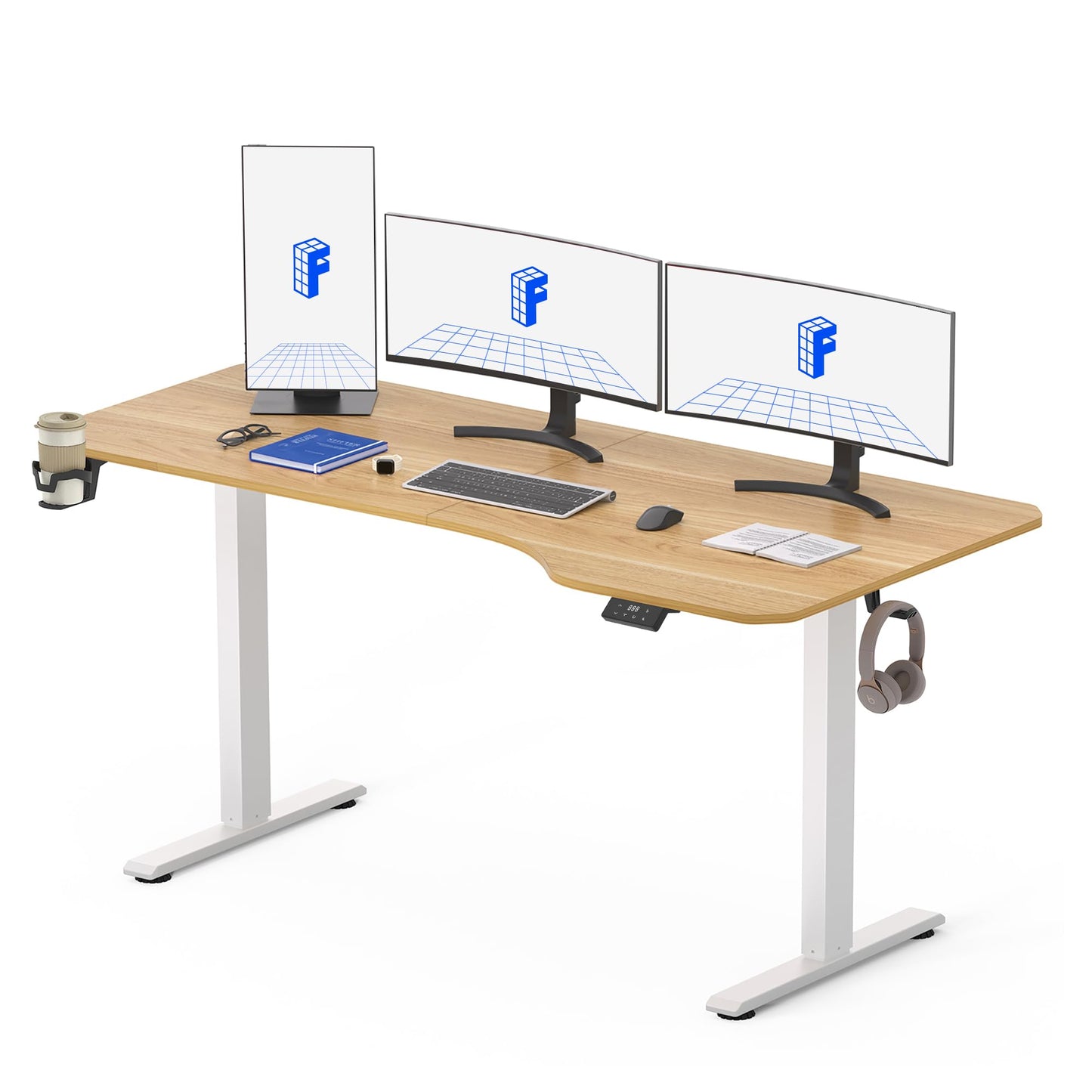 FLEXISPOT QE Pro Escritorio Elevable Eléctrico 140x60cm, Mesa Elevable con 2 Ganchos, Portavasos y Organizador de Cables, 4 Función de Memoria, Standing Desk para Oficina & Hogar y Teletrabajo, Negro