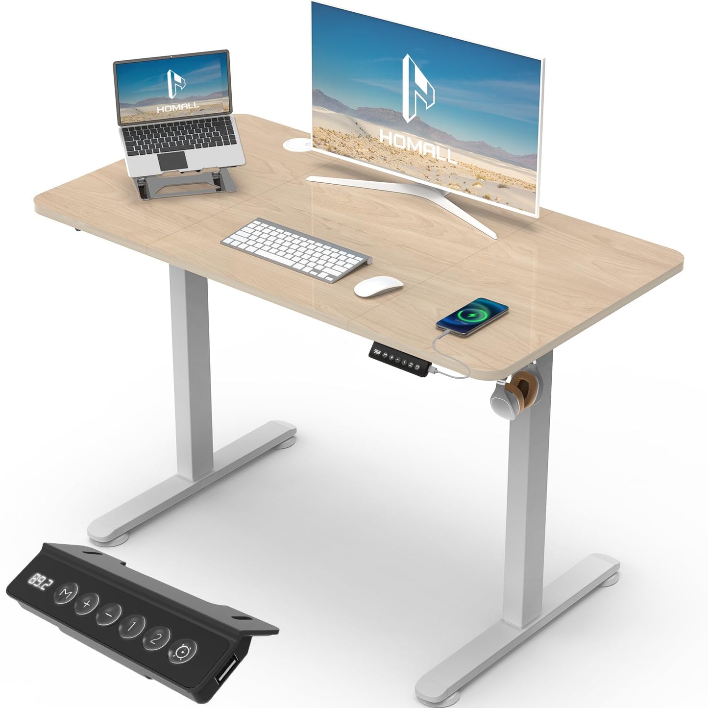 Homall 140X60 Cm Escritorio Elevable con Toma USB, Escritorio Elevable Eléctrico con Funciones De Sistema Anticolisión, Mesa De Escritorio con Soporte Eléctrico,Marrón