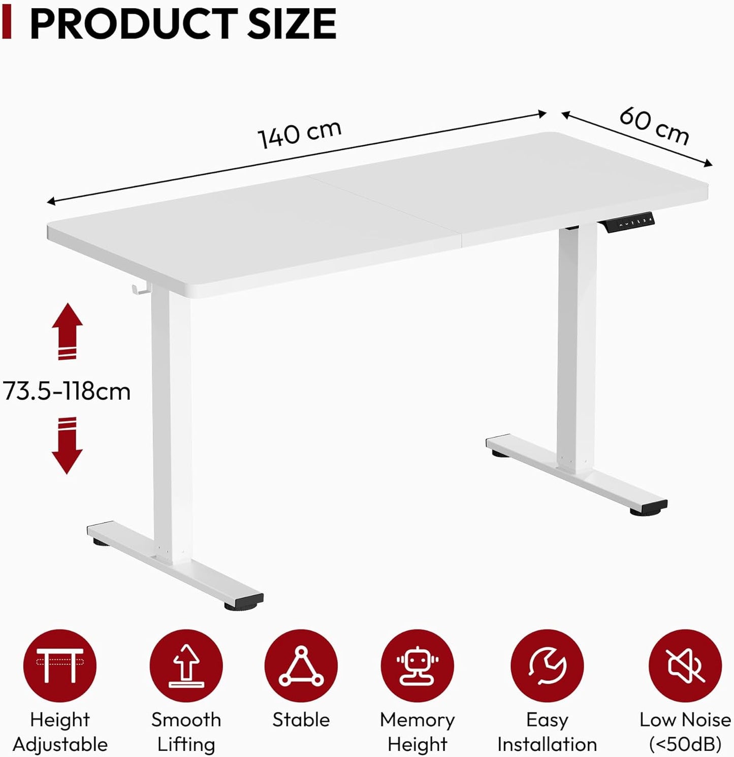 SANODESK QS1 140 x 60 cm Escritorio Elevable Eléctrico con Tablero Escritorio Regulable en Altura Eléctrico Telescópico Bidireccional con Control de Memoria y Tecnología Anticolisión (Blanco)