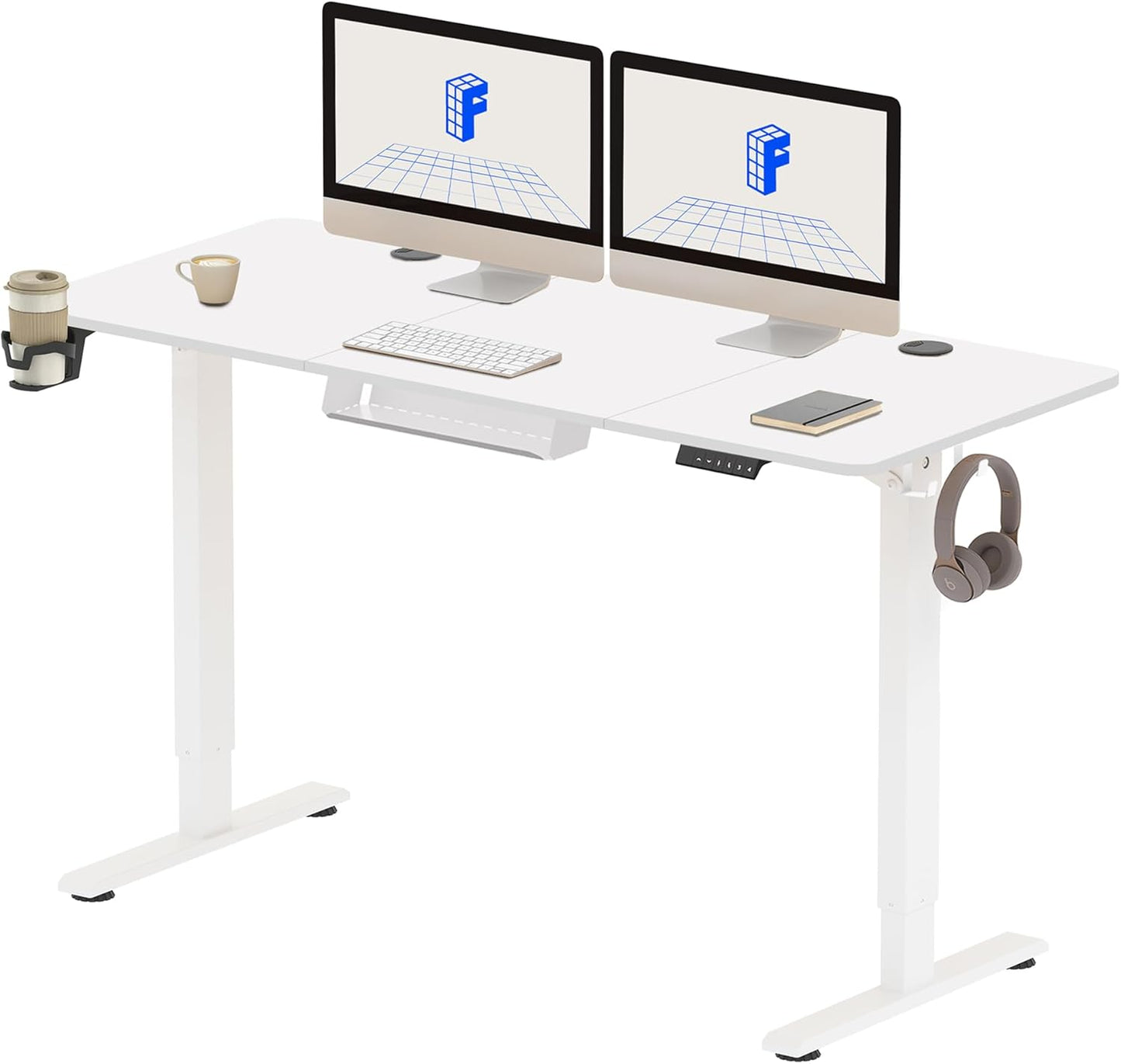 FLEXISPOT 140X60cm Escritorio Elevable Eléctrico con Tablero, con Gancho y Portavasos, Standing Desk, Mesa Elevable Escritorio de Elevable con Memoria Inteligente para Oficina y Hogar(Blanco)