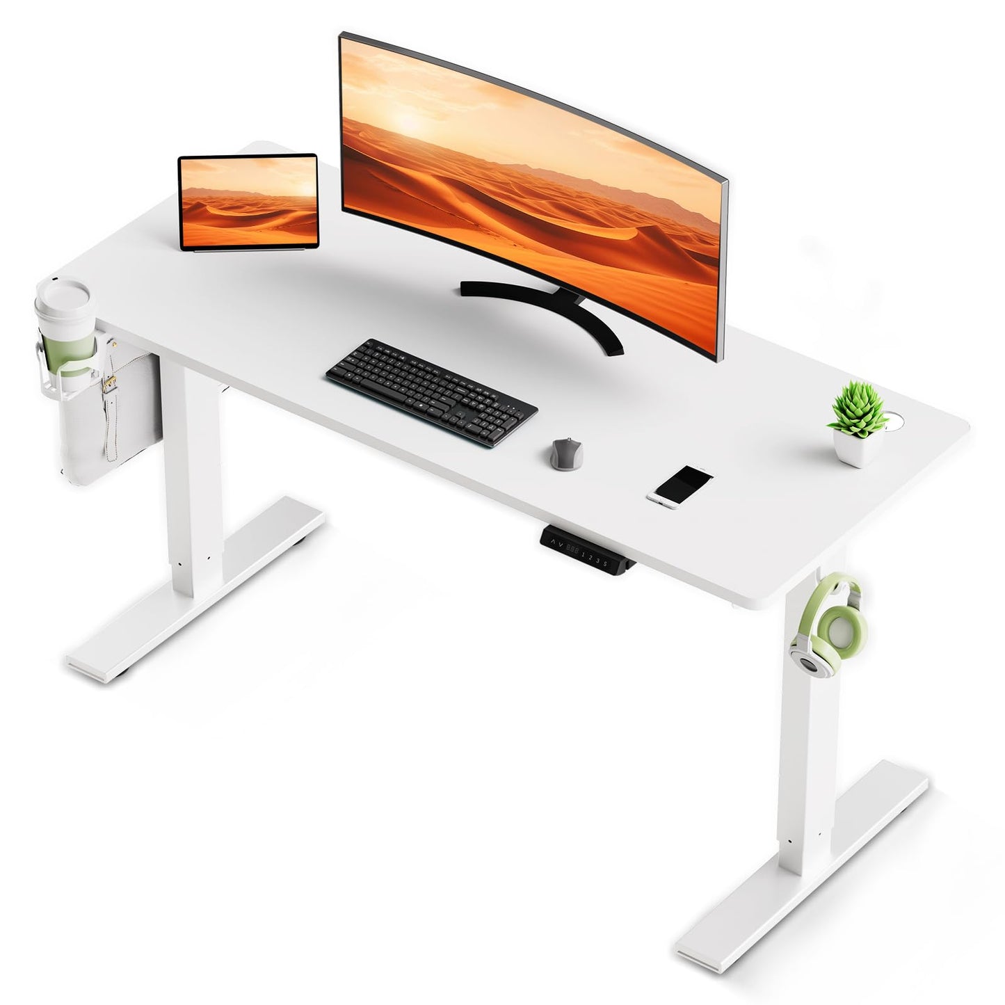 HOMAVO Escritorio Eléctrico De Pie para Sentarse 140x70cm, Escritorio Eléctrico con Memoria y Función Anticolisión, Puertos de Carga Rápida USB-A y Tipo-C, Escritorio Regulable en Altura (70-119CM)