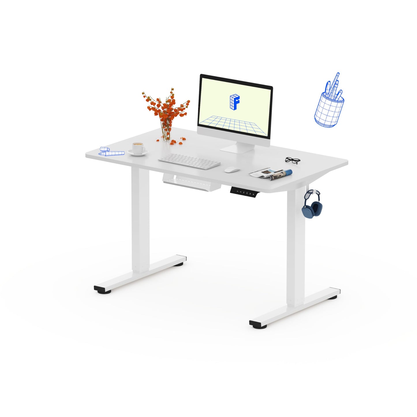 FLEXISPOT QE Pro Escritorio Elevable Eléctrico 140x60cm, Mesa Elevable con 2 Ganchos, Portavasos y Organizador de Cables, 4 Función de Memoria, Standing Desk para Oficina & Hogar y Teletrabajo, Negro