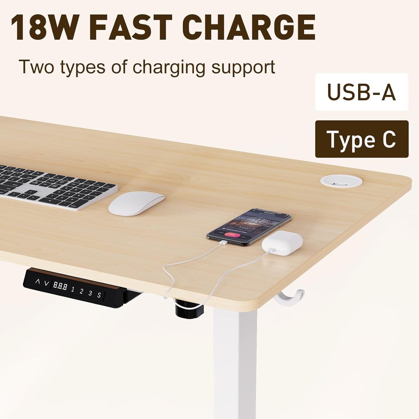 HOMAVO Escritorio Eléctrico De Pie para Sentarse 140x70cm, Escritorio Eléctrico con Memoria y Función Anticolisión, Puertos de Carga Rápida USB-A y Tipo-C, Escritorio Regulable en Altura (70-119CM)