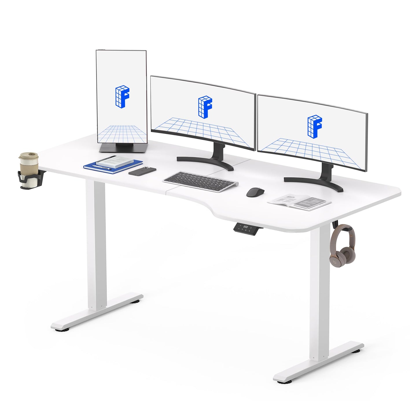 FLEXISPOT QE Pro Escritorio Elevable Eléctrico 140x60cm, Mesa Elevable con 2 Ganchos, Portavasos y Organizador de Cables, 4 Función de Memoria, Standing Desk para Oficina & Hogar y Teletrabajo, Negro