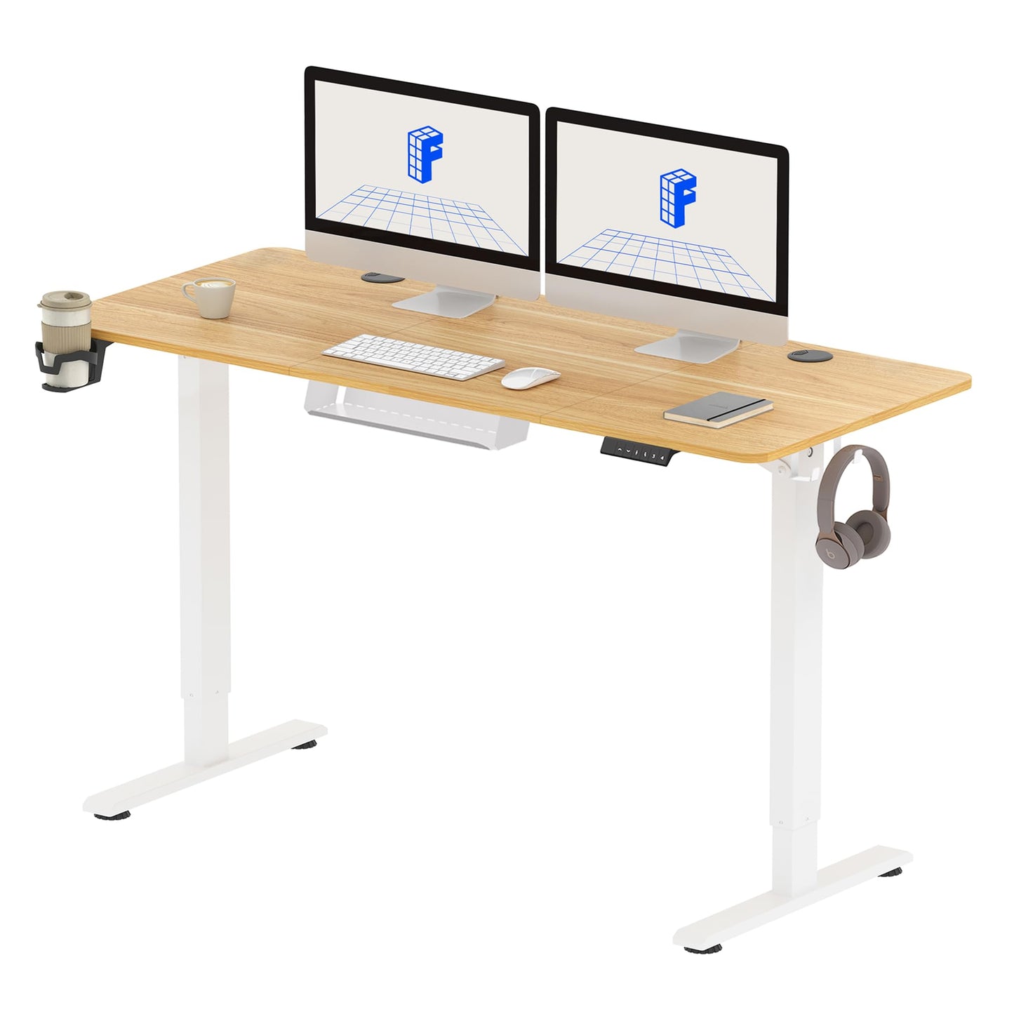FLEXISPOT 140X60cm Escritorio Elevable Eléctrico con Tablero, con Gancho y Portavasos, Standing Desk, Mesa Elevable Escritorio de Elevable con Memoria Inteligente para Oficina y Hogar(Blanco)