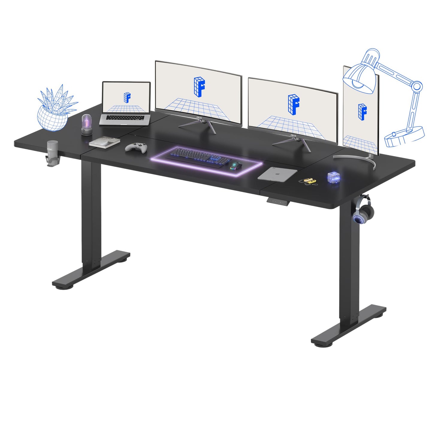 FLEXISPOT QE Pro Escritorio Elevable Eléctrico 140x60cm, Mesa Elevable con 2 Ganchos, Portavasos y Organizador de Cables, 4 Función de Memoria, Standing Desk para Oficina & Hogar y Teletrabajo, Negro