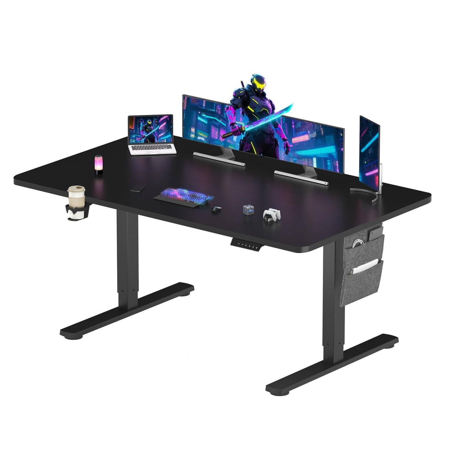 SANODESK QS-Gaming Escritorio Elevable Eléctrico 160x60 cm, Regulable en Altura, Control con Función de Memoria y Gancho, Negro