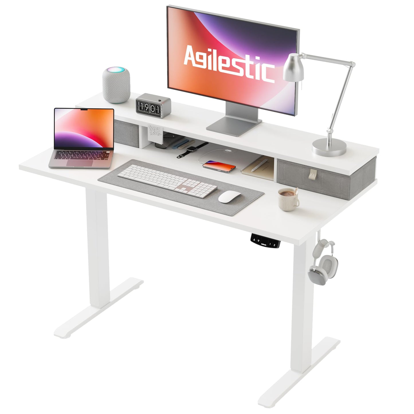 Agilestic Escritorio Regulable en Altura con 2 cajones, 140 x 60 cm Escritorio Estable Eléctrico Regulable en Altura, Escritorio ergonómico de bipedestación Escritorio para Ordenador, Marrón Claro
