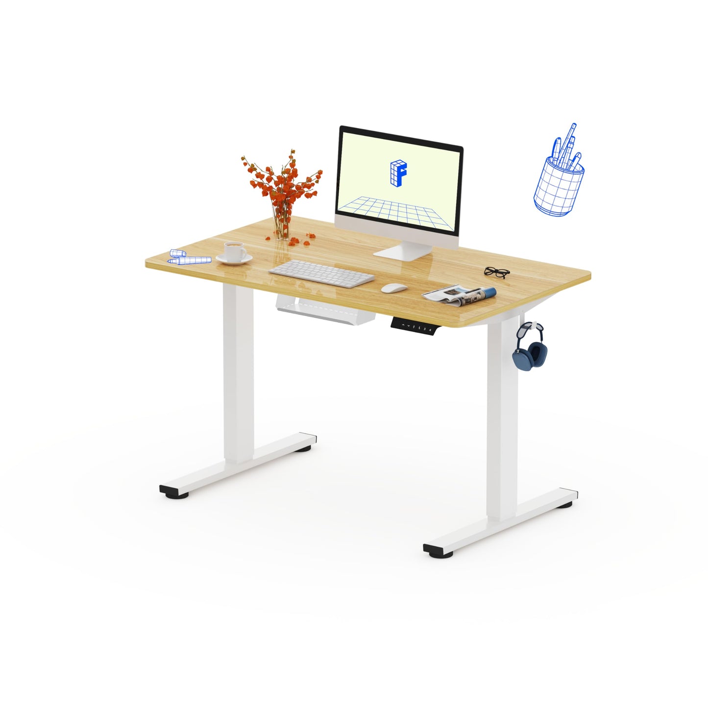 FLEXISPOT QE Pro Escritorio Elevable Eléctrico 140x60cm, Mesa Elevable con 2 Ganchos, Portavasos y Organizador de Cables, 4 Función de Memoria, Standing Desk para Oficina & Hogar y Teletrabajo, Negro