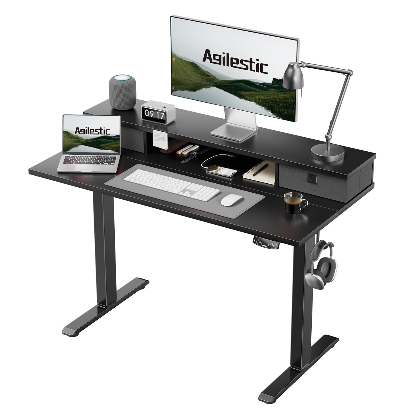 Agilestic Escritorio Regulable en Altura con 2 cajones, 140 x 60 cm Escritorio Estable Eléctrico Regulable en Altura, Escritorio ergonómico de bipedestación Escritorio para Ordenador, Marrón Claro