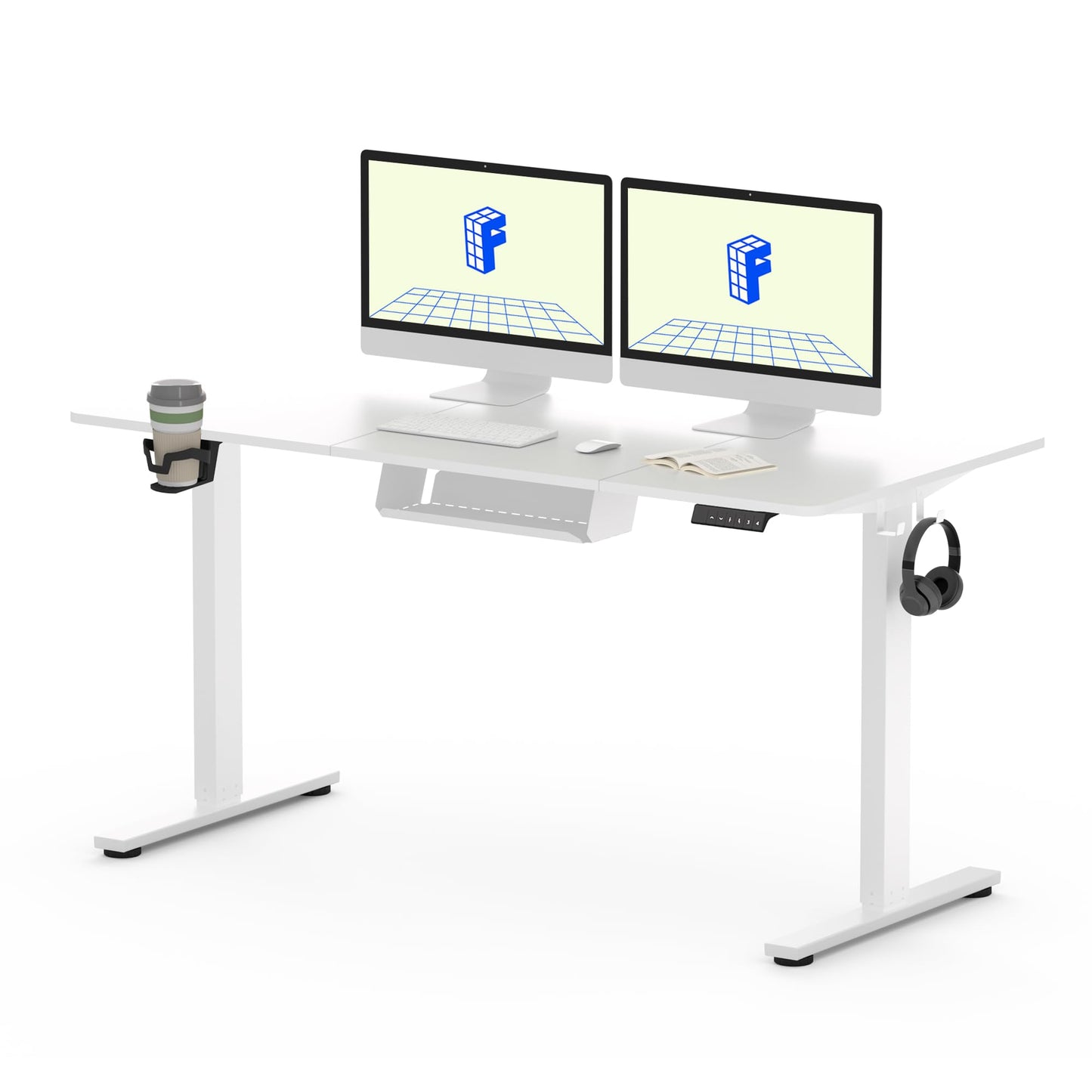 FLEXISPOT QE Pro Escritorio Elevable Eléctrico 140x60cm, Mesa Elevable con 2 Ganchos, Portavasos y Organizador de Cables, 4 Función de Memoria, Standing Desk para Oficina & Hogar y Teletrabajo, Negro