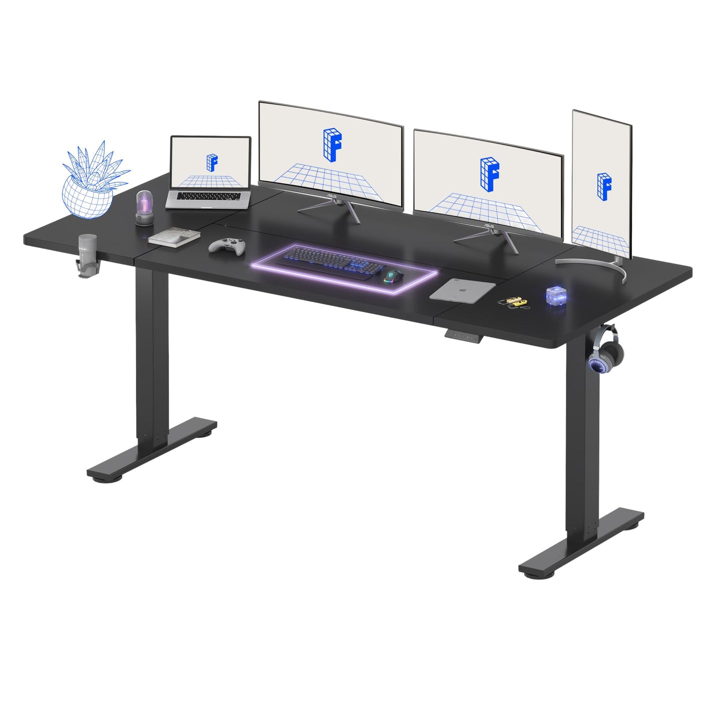 FLEXISPOT QE Pro Escritorio Elevable Eléctrico 140x60cm, Mesa Elevable con 2 Ganchos, Portavasos y Organizador de Cables, 4 Función de Memoria, Standing Desk para Oficina & Hogar y Teletrabajo, Negro
