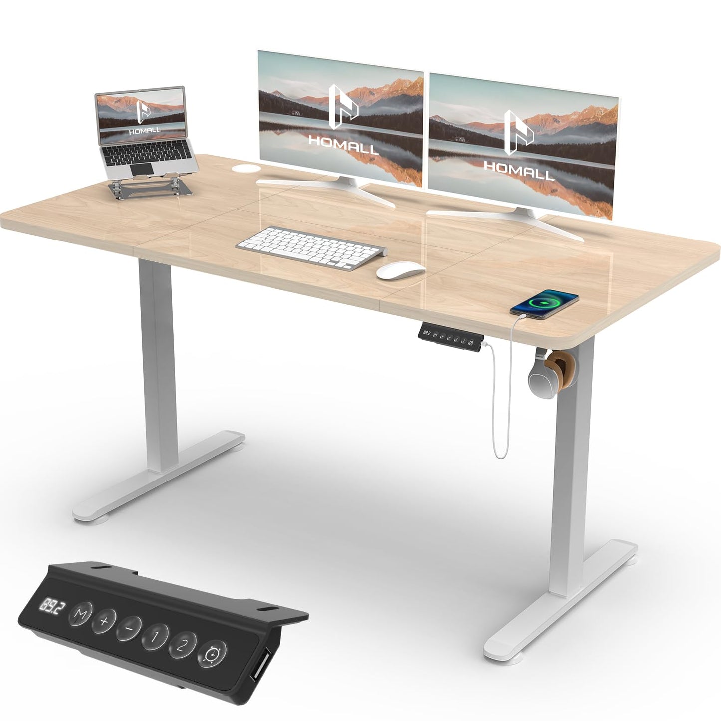 Homall 140X60 Cm Escritorio Elevable con Toma USB, Escritorio Elevable Eléctrico con Funciones De Sistema Anticolisión, Mesa De Escritorio con Soporte Eléctrico,Marrón