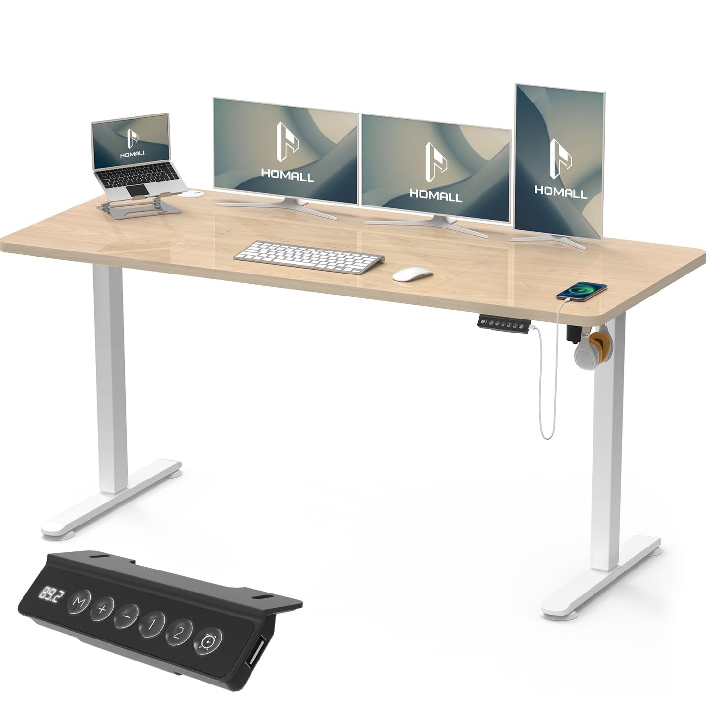 Homall 140X60 Cm Escritorio Elevable con Toma USB, Escritorio Elevable Eléctrico con Funciones De Sistema Anticolisión, Mesa De Escritorio con Soporte Eléctrico,Marrón