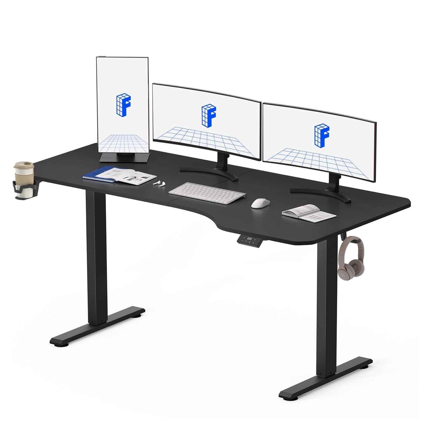 FLEXISPOT QE Pro Escritorio Elevable Eléctrico 140x60cm, Mesa Elevable con 2 Ganchos, Portavasos y Organizador de Cables, 4 Función de Memoria, Standing Desk para Oficina & Hogar y Teletrabajo, Negro