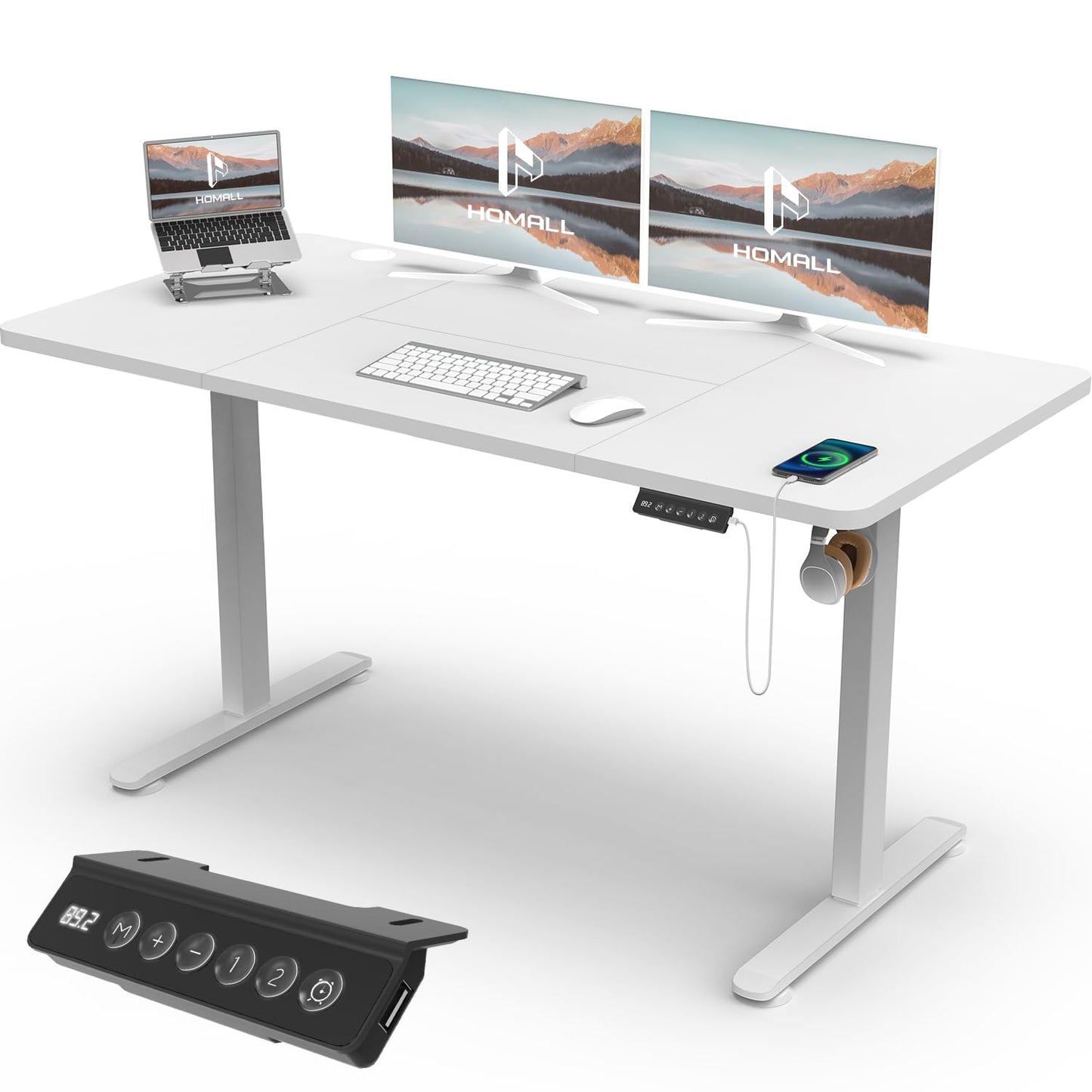 Homall 140X60 Cm Escritorio Elevable con Toma USB, Escritorio Elevable Eléctrico con Funciones De Sistema Anticolisión, Mesa De Escritorio con Soporte Eléctrico,Marrón