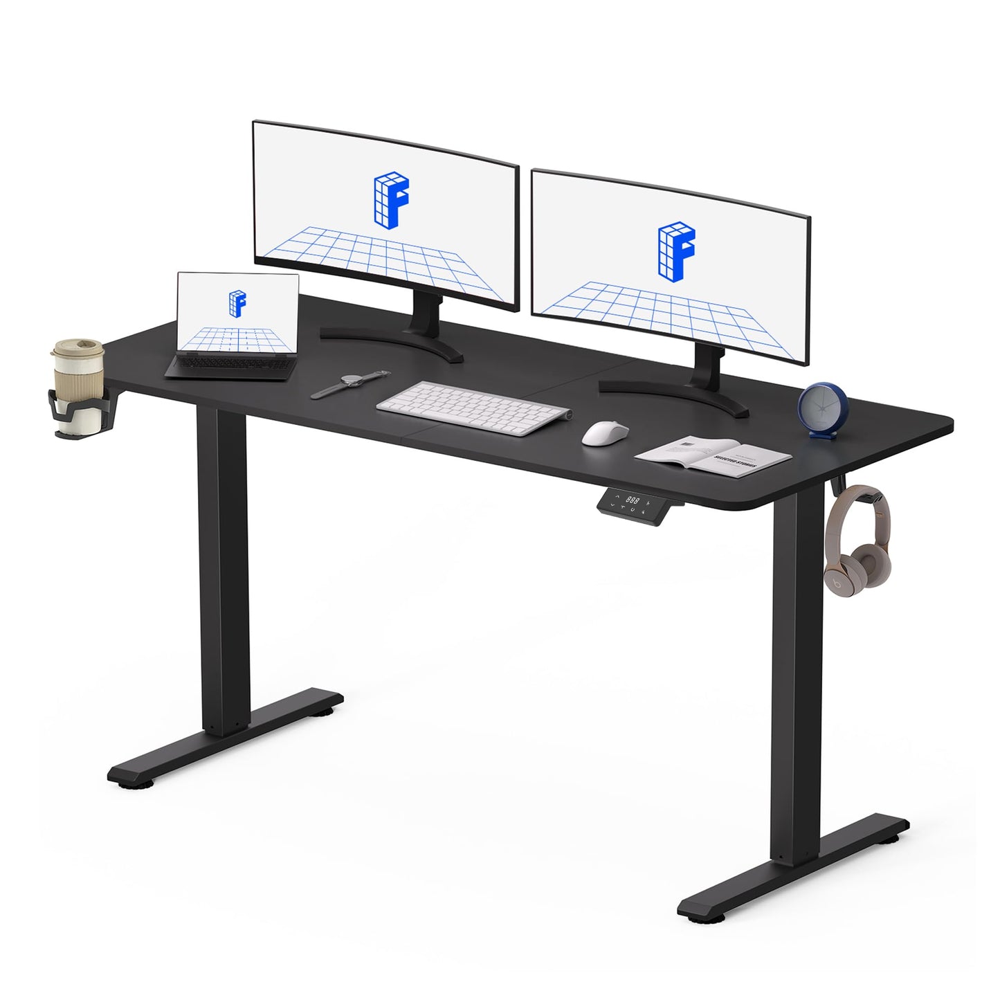 FLEXISPOT QE Pro Escritorio Elevable Eléctrico 140x60cm, Mesa Elevable con 2 Ganchos, Portavasos y Organizador de Cables, 4 Función de Memoria, Standing Desk para Oficina & Hogar y Teletrabajo, Negro