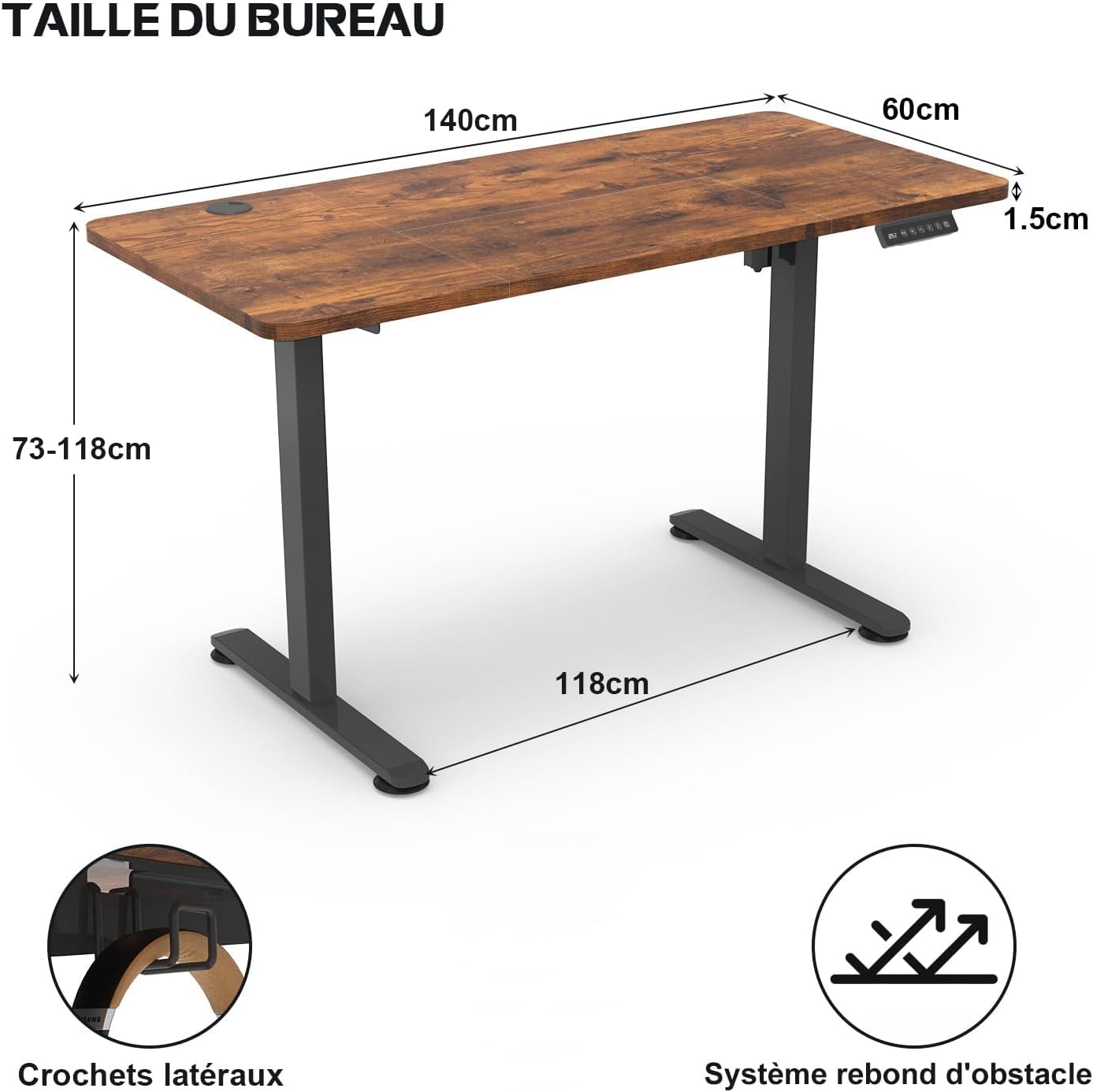 Homall 140X60 Cm Escritorio Elevable con Toma USB, Escritorio Elevable Eléctrico con Funciones De Sistema Anticolisión, Mesa De Escritorio con Soporte Eléctrico,Marrón
