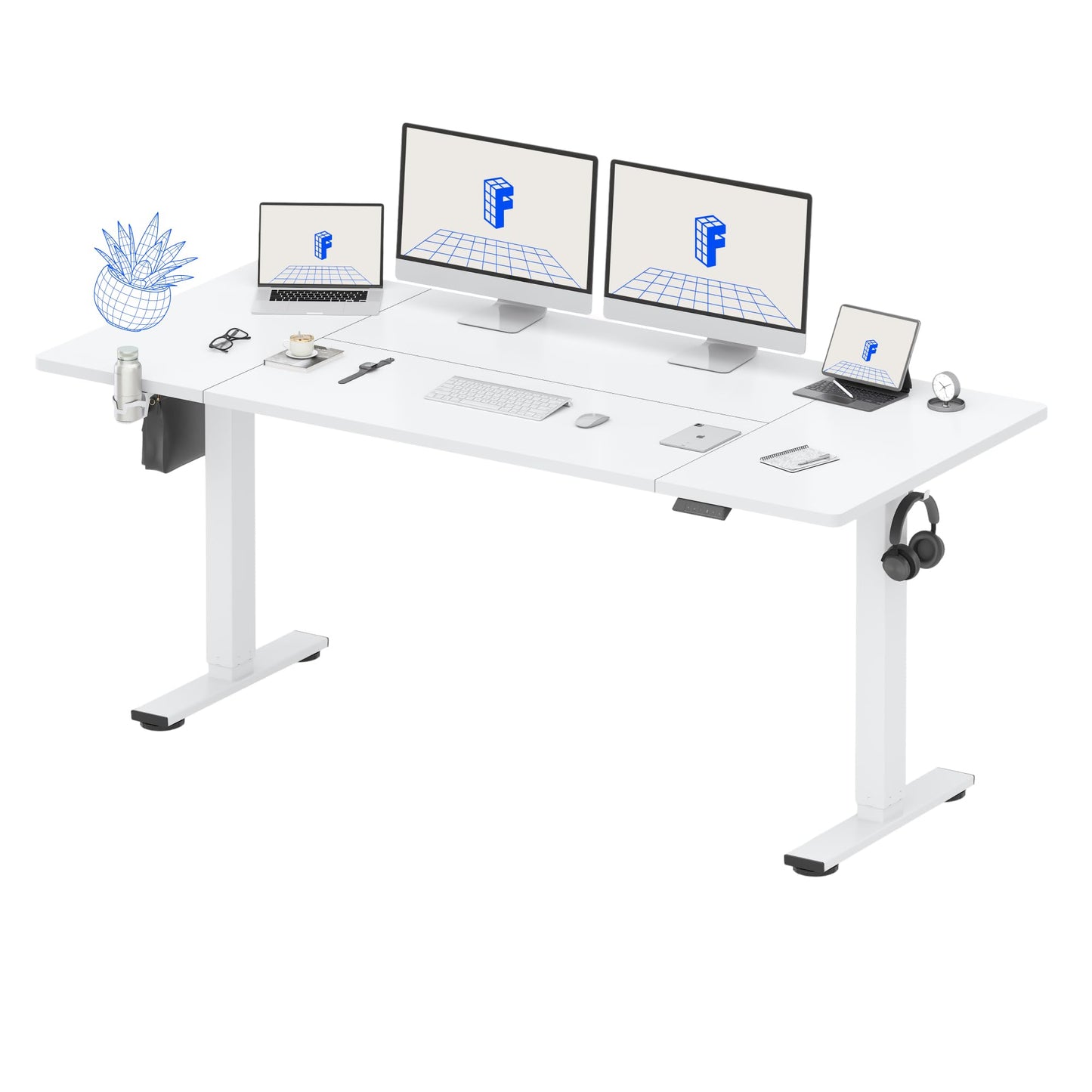 FLEXISPOT QE Pro Escritorio Elevable Eléctrico 140x60cm, Mesa Elevable con 2 Ganchos, Portavasos y Organizador de Cables, 4 Función de Memoria, Standing Desk para Oficina & Hogar y Teletrabajo, Negro