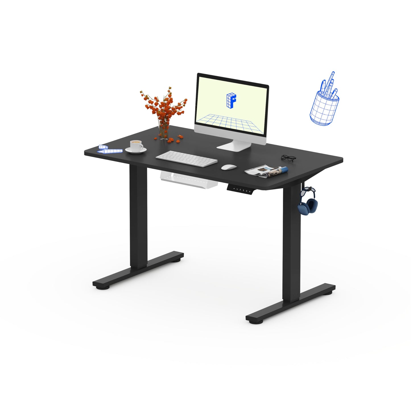 FLEXISPOT QE Pro Escritorio Elevable Eléctrico 140x60cm, Mesa Elevable con 2 Ganchos, Portavasos y Organizador de Cables, 4 Función de Memoria, Standing Desk para Oficina & Hogar y Teletrabajo, Negro