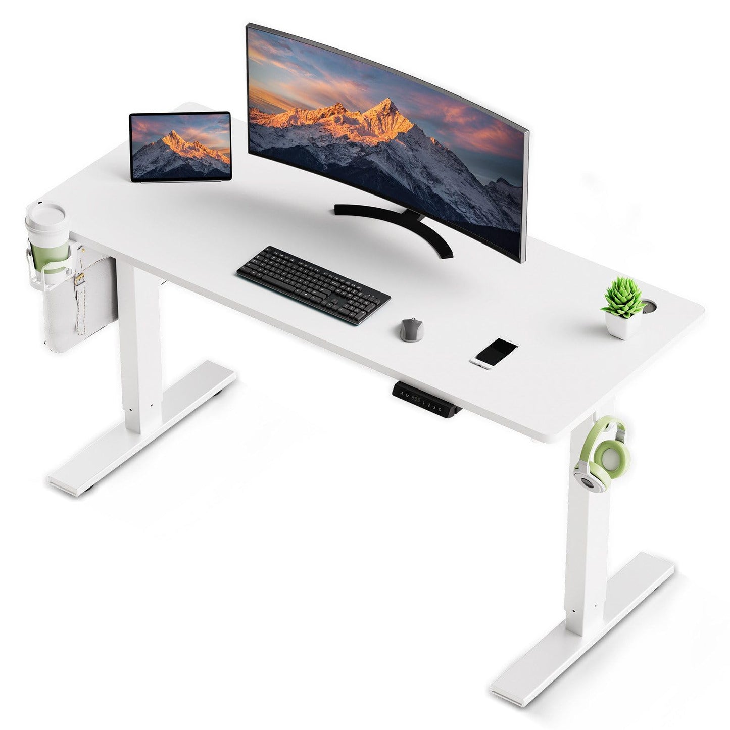 HOMAVO Escritorio Eléctrico De Pie para Sentarse 140x70cm, Escritorio Eléctrico con Memoria y Función Anticolisión, Puertos de Carga Rápida USB-A y Tipo-C, Escritorio Regulable en Altura (70-119CM)
