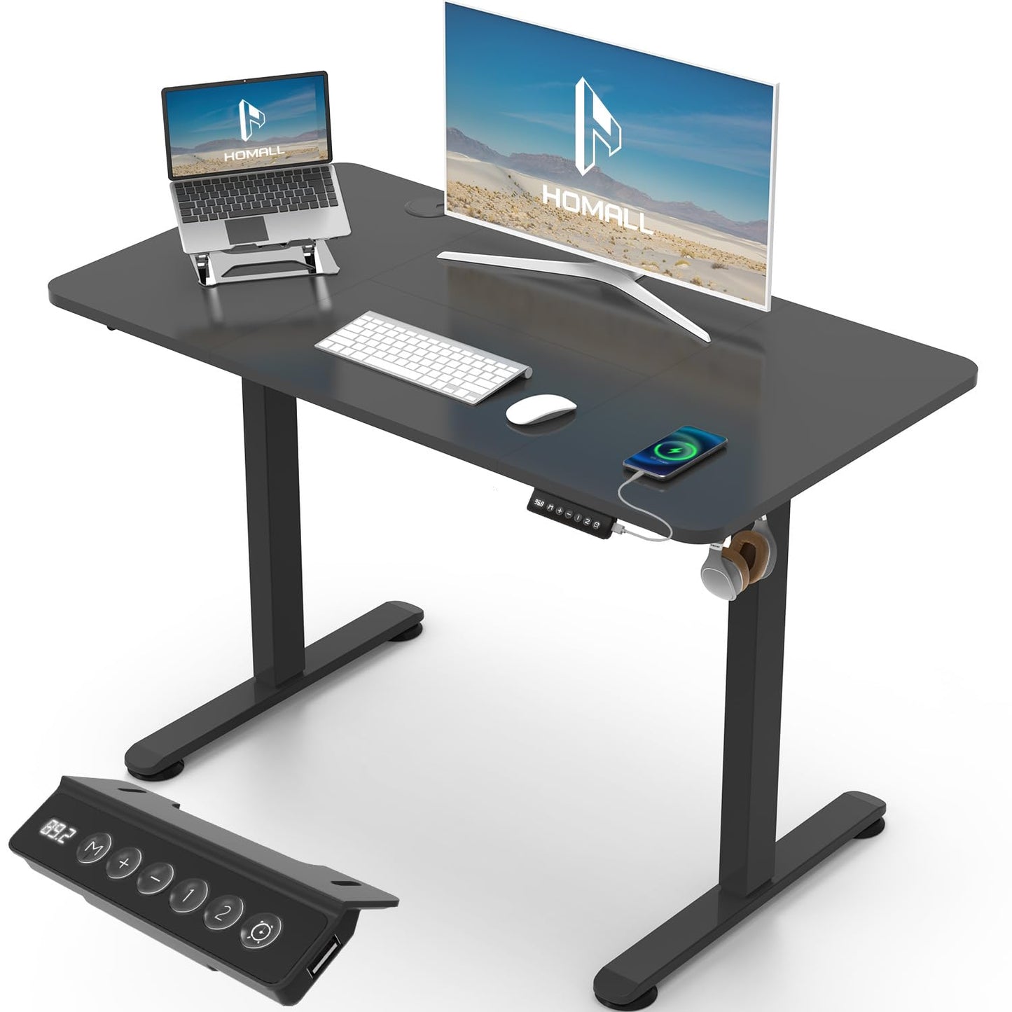 Homall 140X60 Cm Escritorio Elevable con Toma USB, Escritorio Elevable Eléctrico con Funciones De Sistema Anticolisión, Mesa De Escritorio con Soporte Eléctrico,Marrón