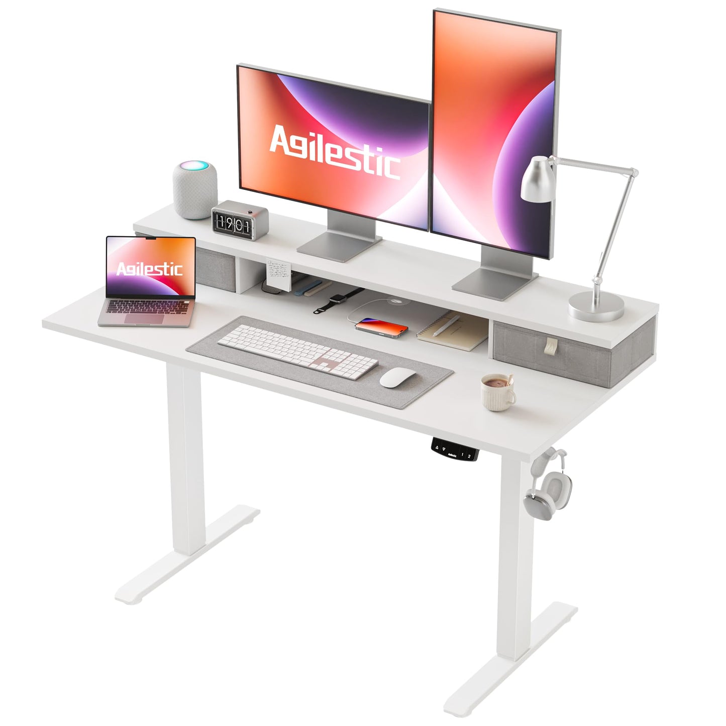Agilestic Escritorio Regulable en Altura con 2 cajones, 140 x 60 cm Escritorio Estable Eléctrico Regulable en Altura, Escritorio ergonómico de bipedestación Escritorio para Ordenador, Marrón Claro