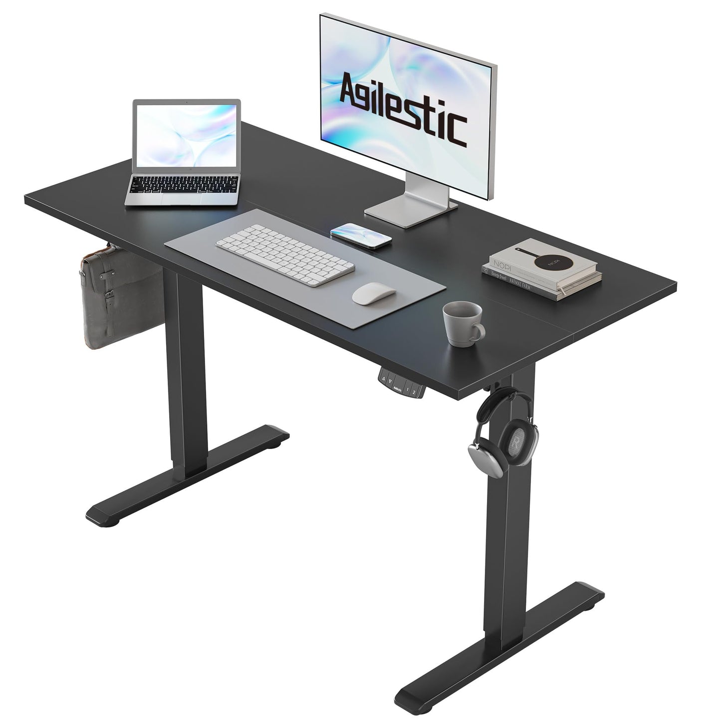 Agilestic 140 x 60 cm Escritorio Elevable Eléctrico con Tablero Escritorio Regulable en Altura Eléctrico Telescópico Bi-direccional con Control de Memoria y Tecnología Anticolisión, Negro