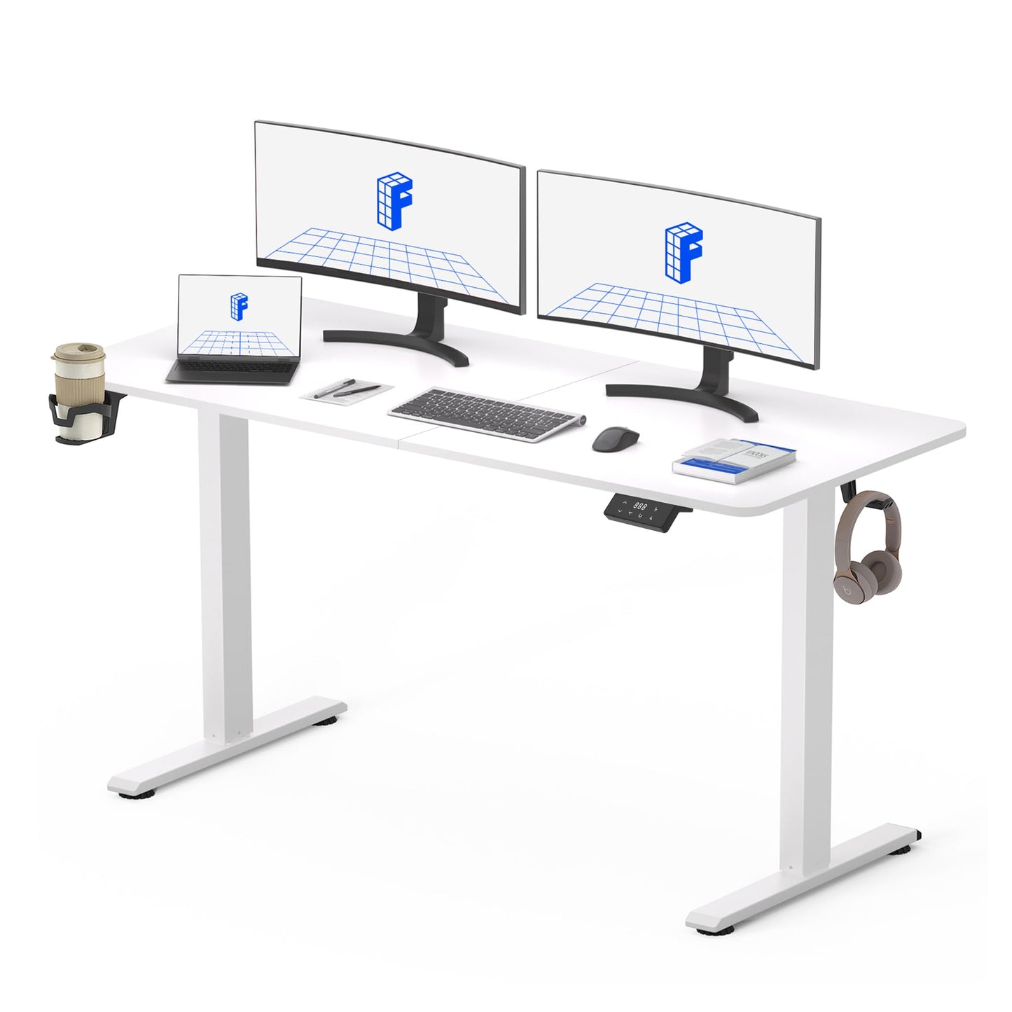 FLEXISPOT QE Pro Escritorio Elevable Eléctrico 140x60cm, Mesa Elevable con 2 Ganchos, Portavasos y Organizador de Cables, 4 Función de Memoria, Standing Desk para Oficina & Hogar y Teletrabajo, Negro