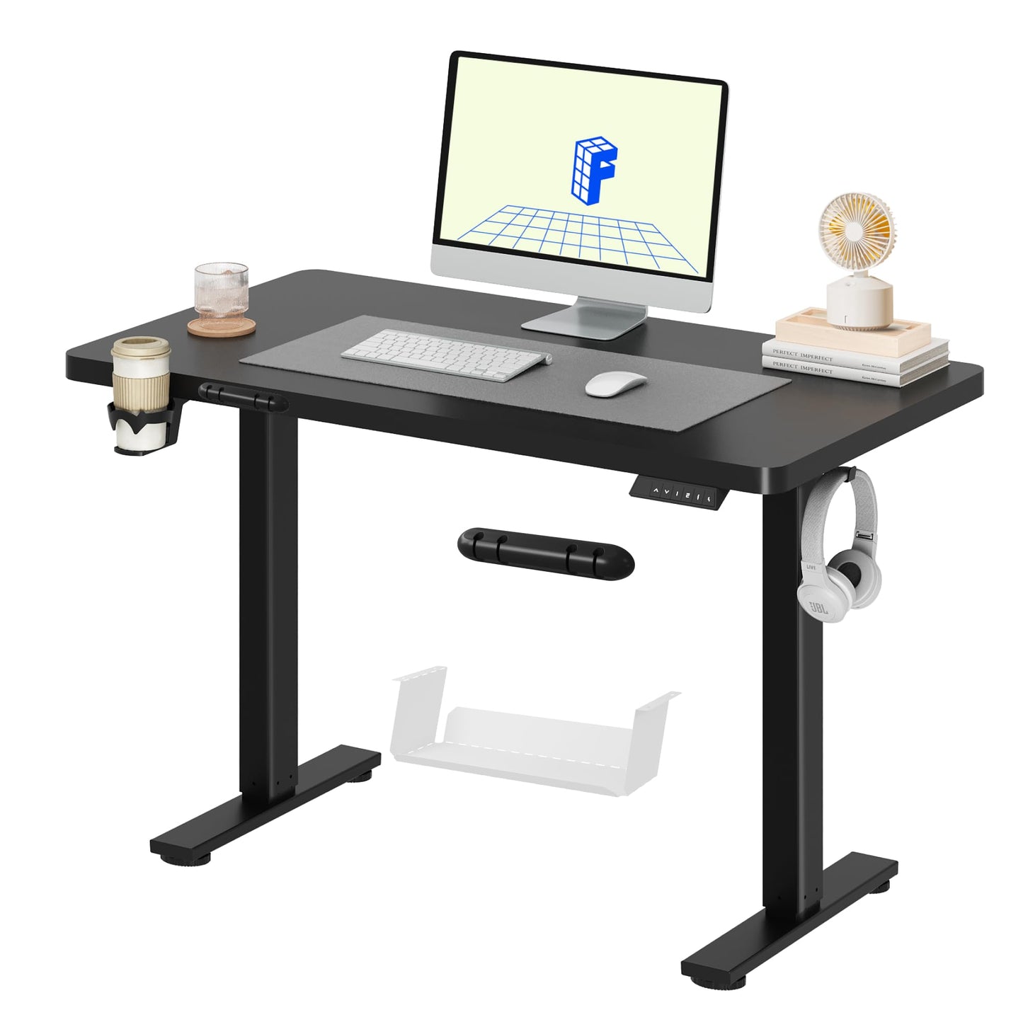 FLEXISPOT QE Pro Escritorio Elevable Eléctrico 140x60cm, Mesa Elevable con 2 Ganchos, Portavasos y Organizador de Cables, 4 Función de Memoria, Standing Desk para Oficina & Hogar y Teletrabajo, Negro