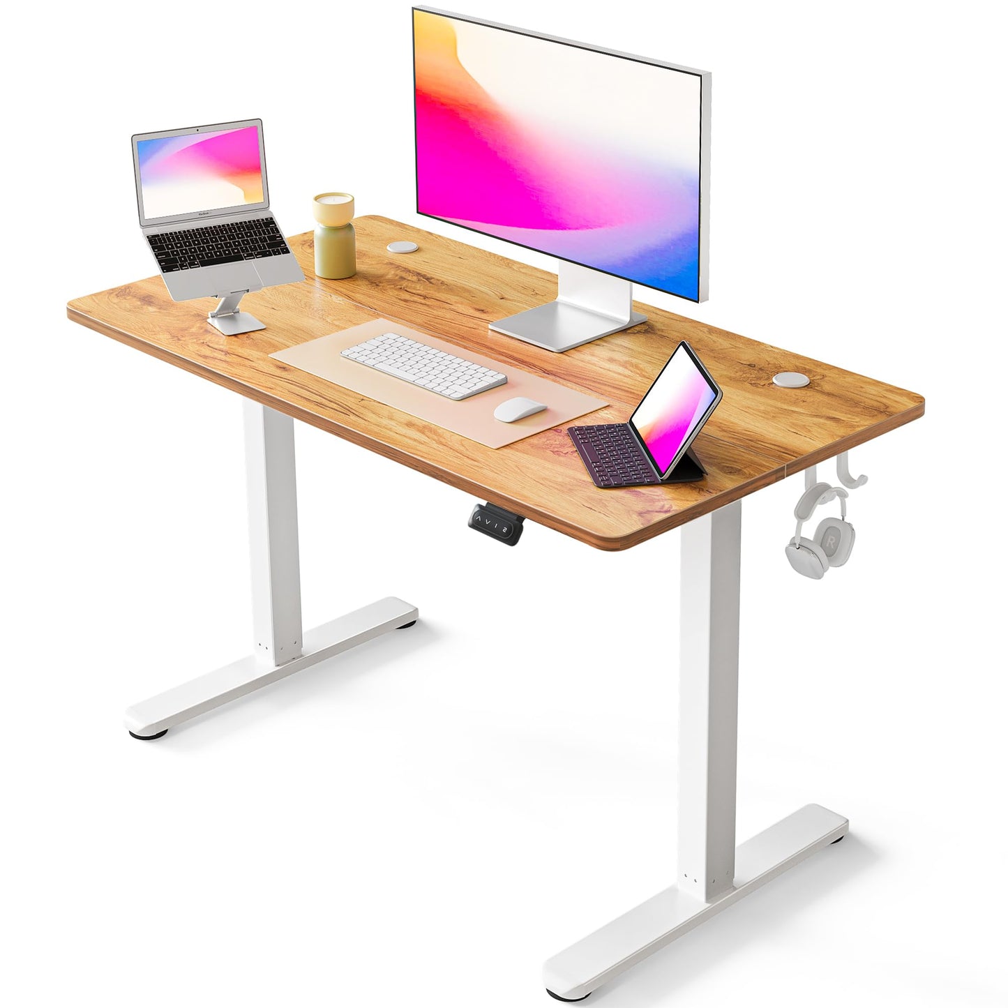 FEZIBO Escritorio de Altura Regulable eléctrico, 140 x 60 cm, Escritorio de pie con Control de Memoria y tecnología anticolisiones, Marco Negro, Tablero de Madera de Roble Moteado