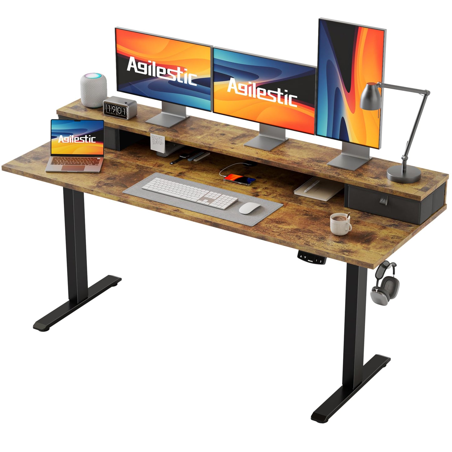 Agilestic Escritorio Regulable en Altura con 2 cajones, 140 x 60 cm Escritorio Estable Eléctrico Regulable en Altura, Escritorio ergonómico de bipedestación Escritorio para Ordenador, Marrón Claro