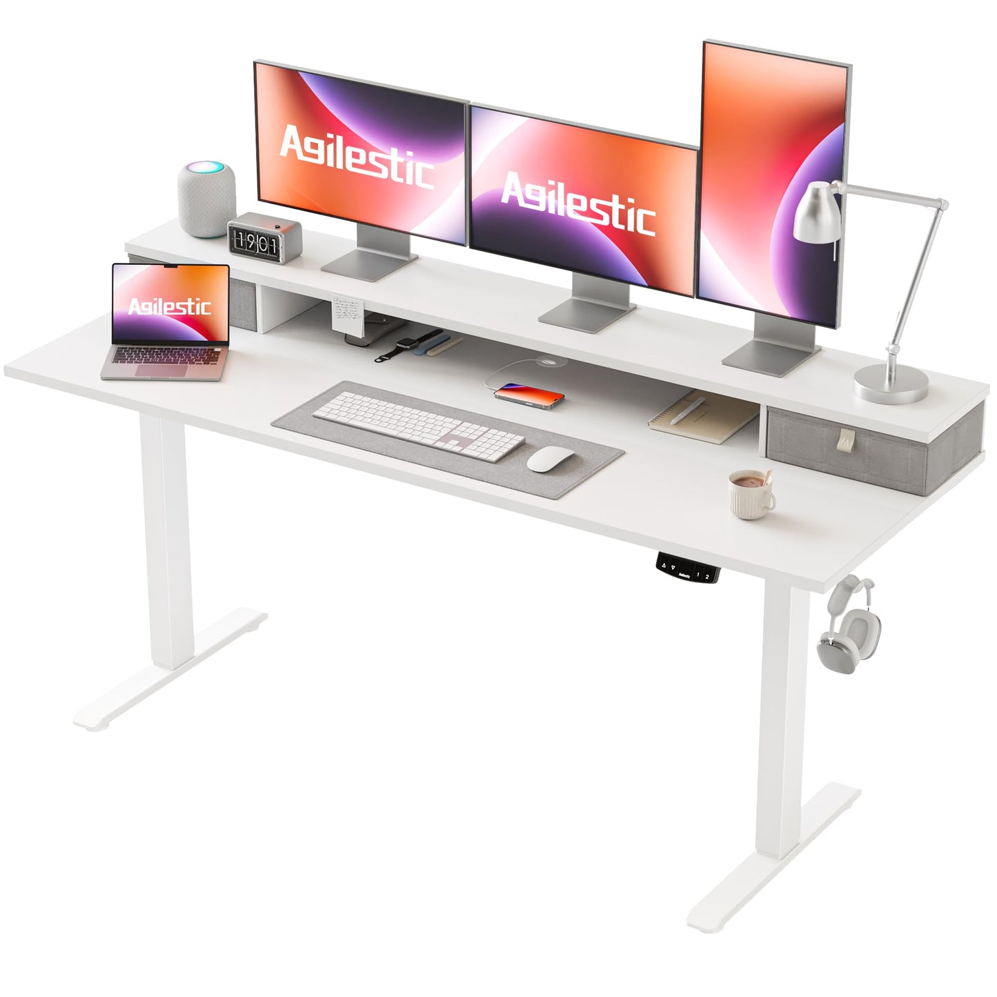 Agilestic Escritorio Regulable en Altura con 2 cajones, 140 x 60 cm Escritorio Estable Eléctrico Regulable en Altura, Escritorio ergonómico de bipedestación Escritorio para Ordenador, Marrón Claro