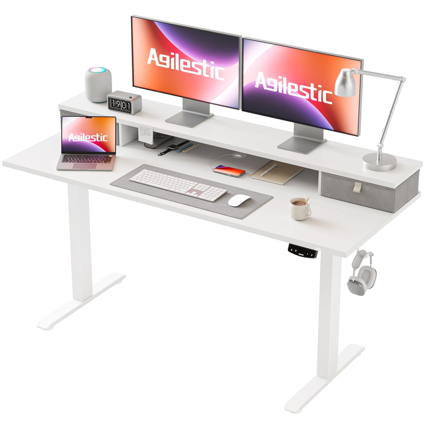 Agilestic Escritorio Regulable en Altura con 2 cajones, 140 x 60 cm Escritorio Estable Eléctrico Regulable en Altura, Escritorio ergonómico de bipedestación Escritorio para Ordenador, Marrón Claro