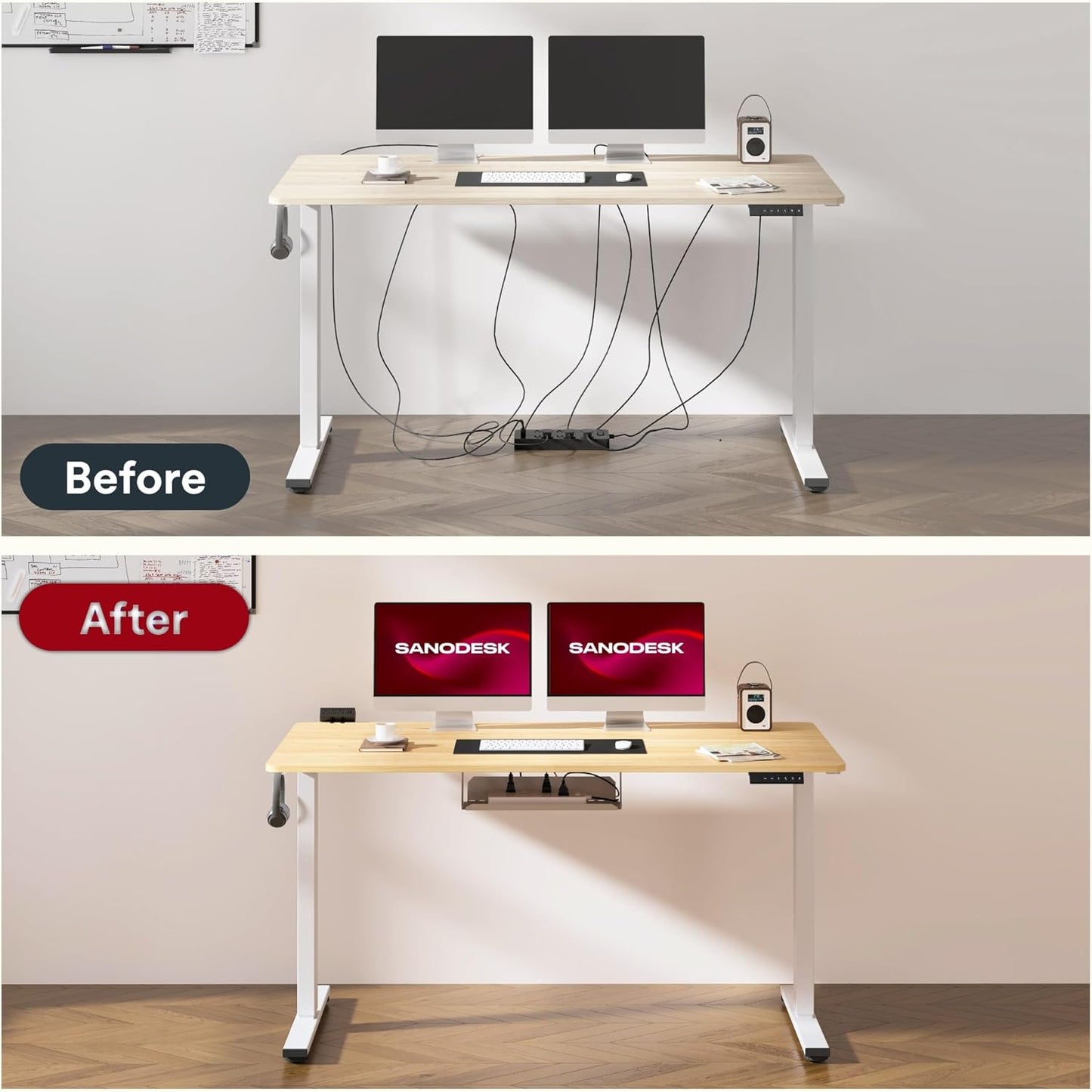 SANODESK FQ1 140x60cm Escritorio Elevable Eléctrico con Tablero, Standing Desk, Mesa Elevable para Computadora con Gancho, Cerradura para niños, Función de Memoria para Oficina y Hogar-Blanco Arce