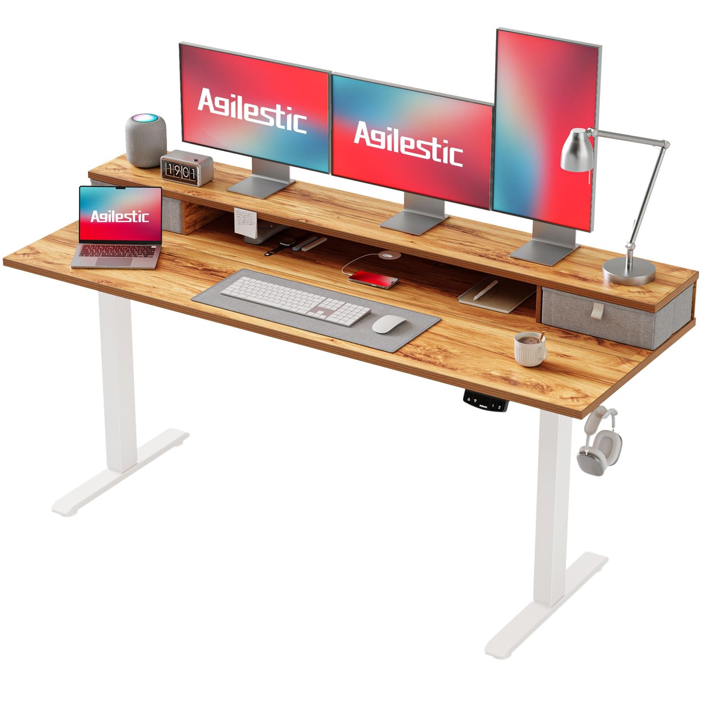 Agilestic Escritorio Regulable en Altura con 2 cajones, 140 x 60 cm Escritorio Estable Eléctrico Regulable en Altura, Escritorio ergonómico de bipedestación Escritorio para Ordenador, Marrón Claro