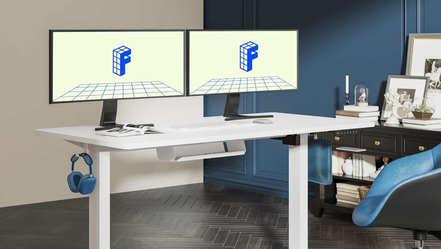 FLEXISPOT 140X60cm Escritorio Elevable Eléctrico con Tablero, con Gancho y Portavasos, Standing Desk, Mesa Elevable Escritorio de Elevable con Memoria Inteligente para Oficina y Hogar(Blanco)
