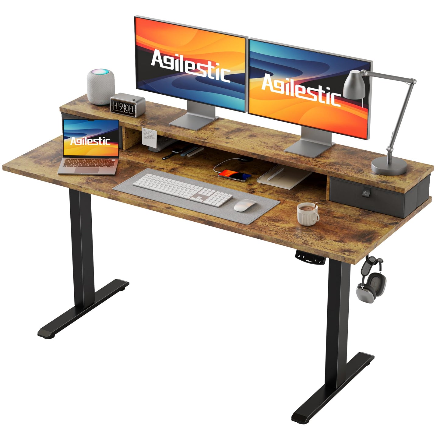 Agilestic Escritorio Regulable en Altura con 2 cajones, 140 x 60 cm Escritorio Estable Eléctrico Regulable en Altura, Escritorio ergonómico de bipedestación Escritorio para Ordenador, Marrón Claro