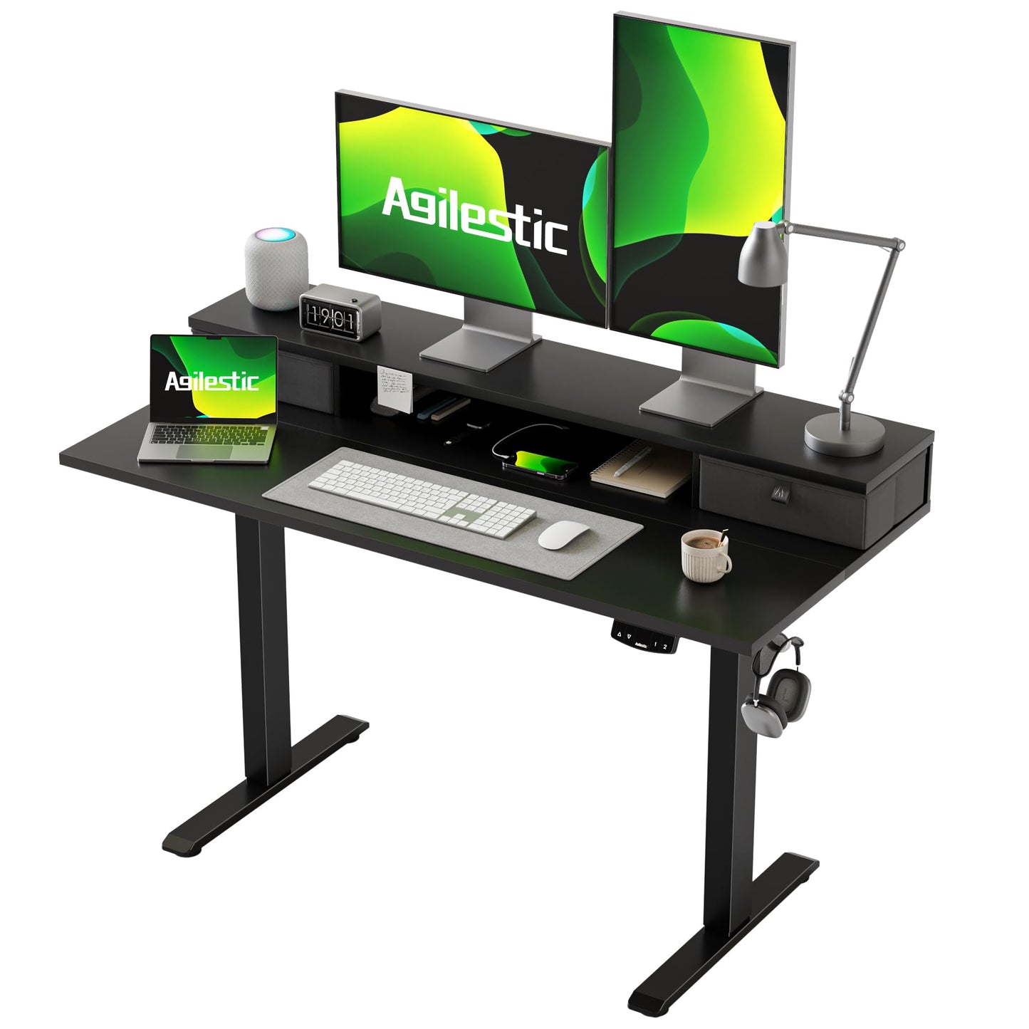 Agilestic Escritorio Regulable en Altura con 2 cajones, 140 x 60 cm Escritorio Estable Eléctrico Regulable en Altura, Escritorio ergonómico de bipedestación Escritorio para Ordenador, Marrón Claro