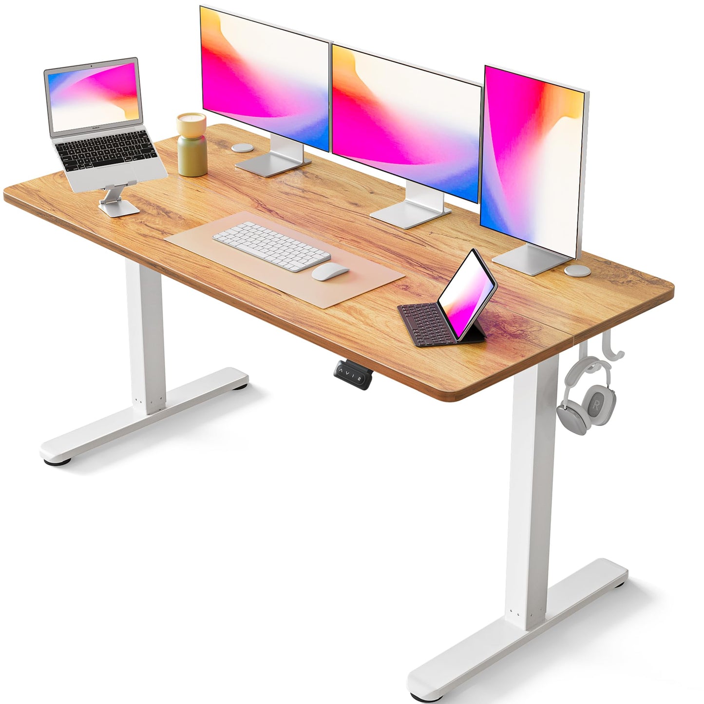 FEZIBO Escritorio de Altura Regulable eléctrico, 140 x 60 cm, Escritorio de pie con Control de Memoria y tecnología anticolisiones, Marco Negro, Tablero de Madera de Roble Moteado