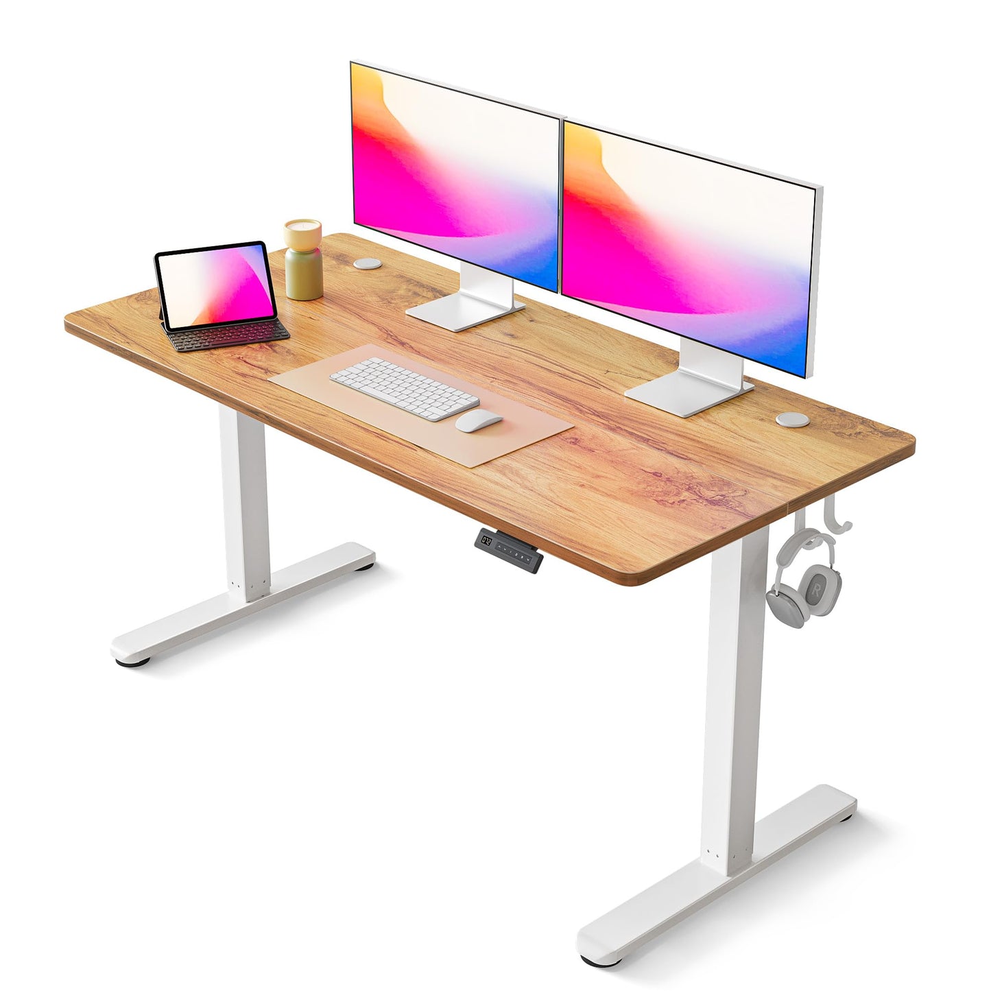 FEZIBO Escritorio de Altura Regulable eléctrico, 140 x 60 cm, Escritorio de pie con Control de Memoria y tecnología anticolisiones, Marco Negro, Tablero de Madera de Roble Moteado