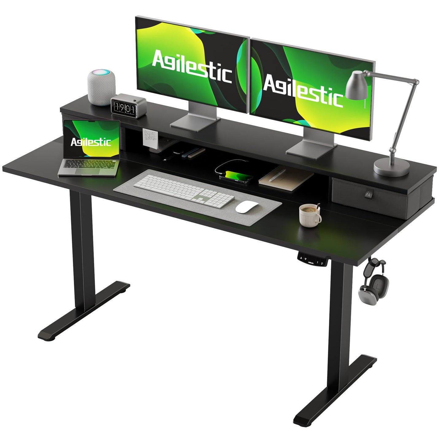 Agilestic Escritorio Regulable en Altura con 2 cajones, 140 x 60 cm Escritorio Estable Eléctrico Regulable en Altura, Escritorio ergonómico de bipedestación Escritorio para Ordenador, Marrón Claro