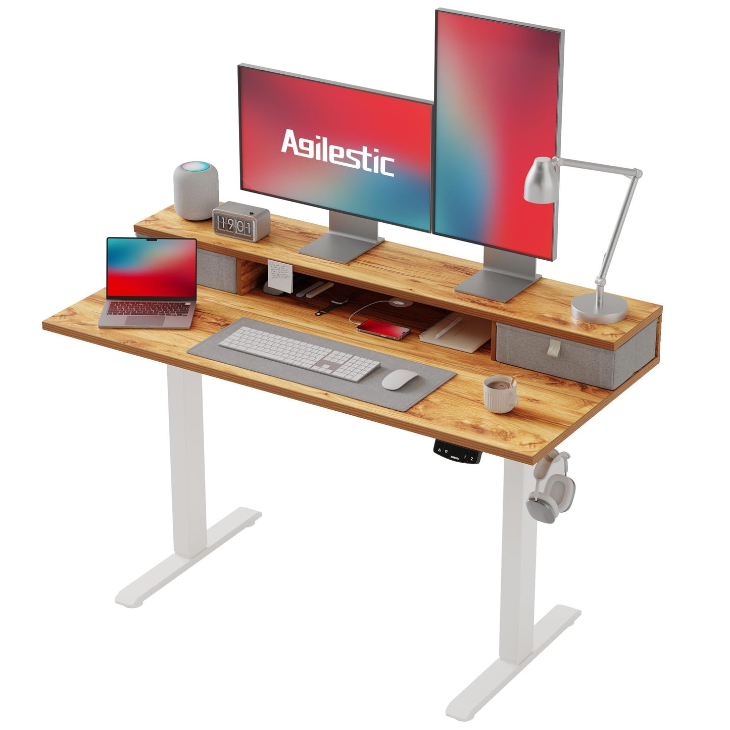 Agilestic Escritorio Regulable en Altura con 2 cajones, 140 x 60 cm Escritorio Estable Eléctrico Regulable en Altura, Escritorio ergonómico de bipedestación Escritorio para Ordenador, Marrón Claro