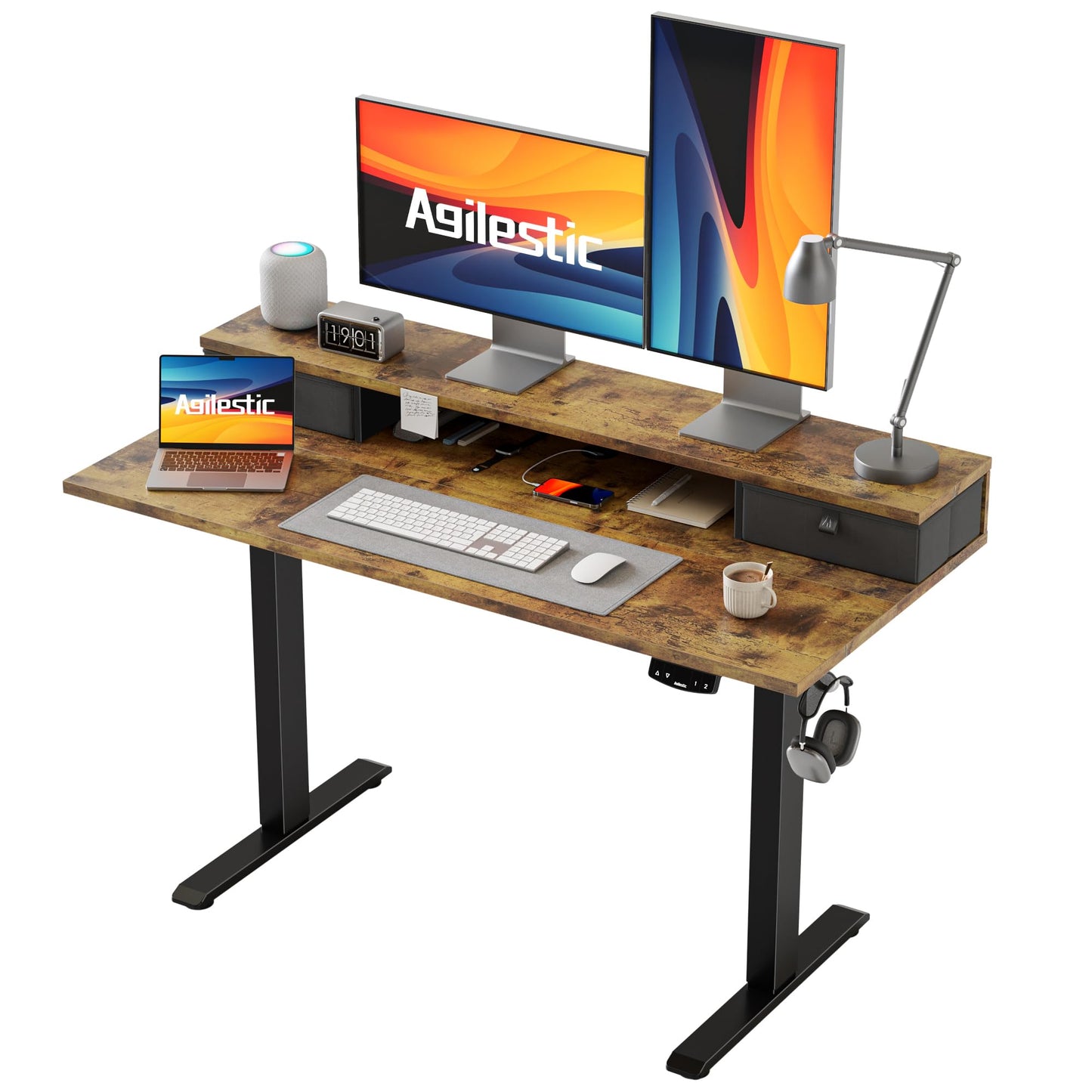 Agilestic Escritorio Regulable en Altura con 2 cajones, 140 x 60 cm Escritorio Estable Eléctrico Regulable en Altura, Escritorio ergonómico de bipedestación Escritorio para Ordenador, Marrón Claro