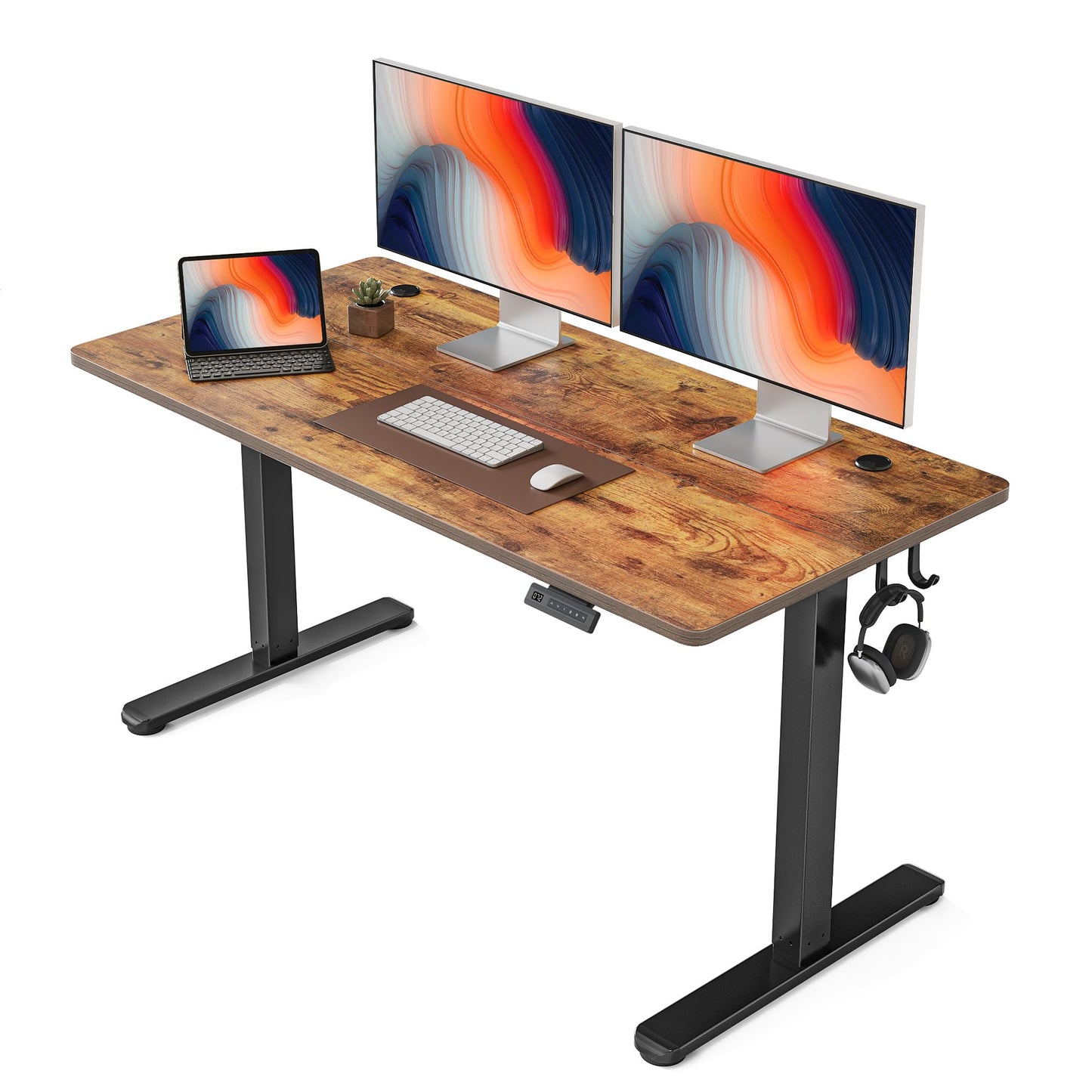 FEZIBO Escritorio de Altura Regulable eléctrico, 140 x 60 cm, Escritorio de pie con Control de Memoria y tecnología anticolisiones, Marco Negro, Tablero de Madera de Roble Moteado