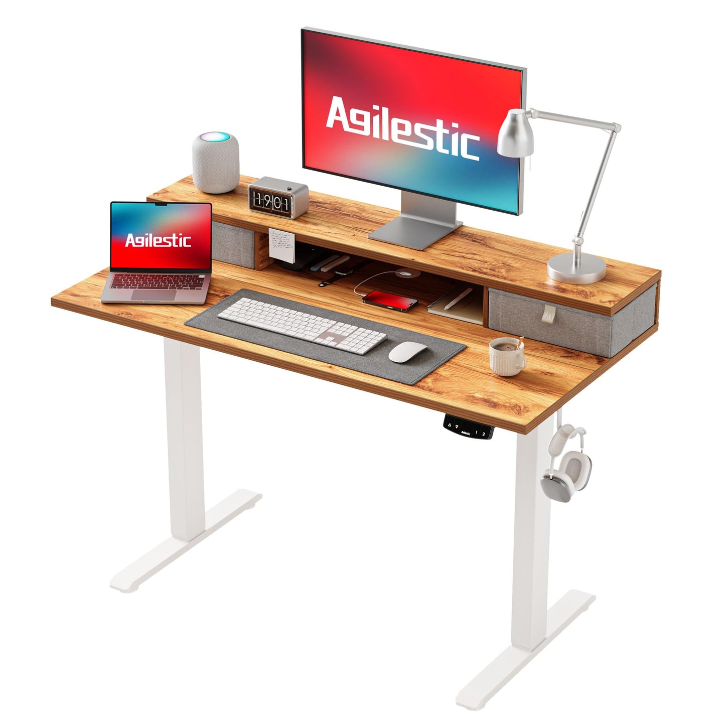 Agilestic Escritorio Regulable en Altura con 2 cajones, 140 x 60 cm Escritorio Estable Eléctrico Regulable en Altura, Escritorio ergonómico de bipedestación Escritorio para Ordenador, Marrón Claro
