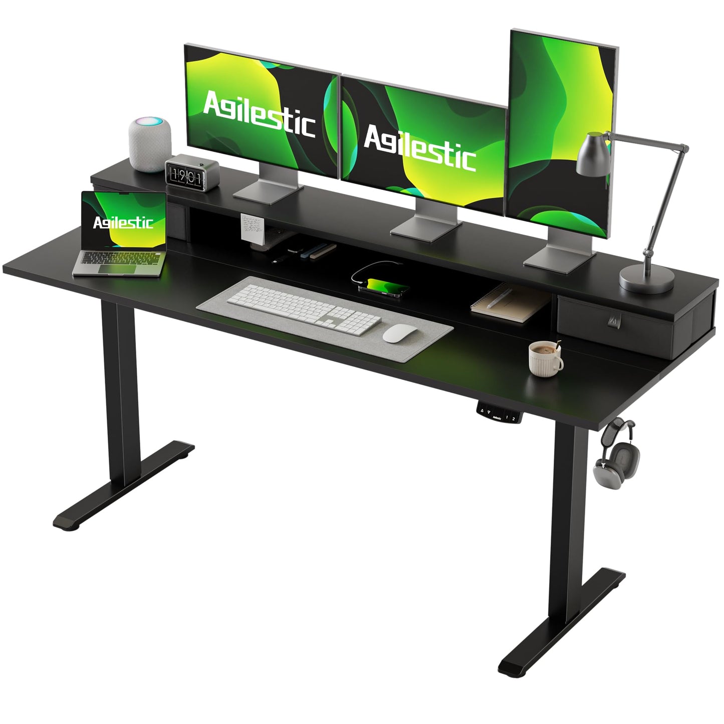 Agilestic Escritorio Regulable en Altura con 2 cajones, 140 x 60 cm Escritorio Estable Eléctrico Regulable en Altura, Escritorio ergonómico de bipedestación Escritorio para Ordenador, Marrón Claro