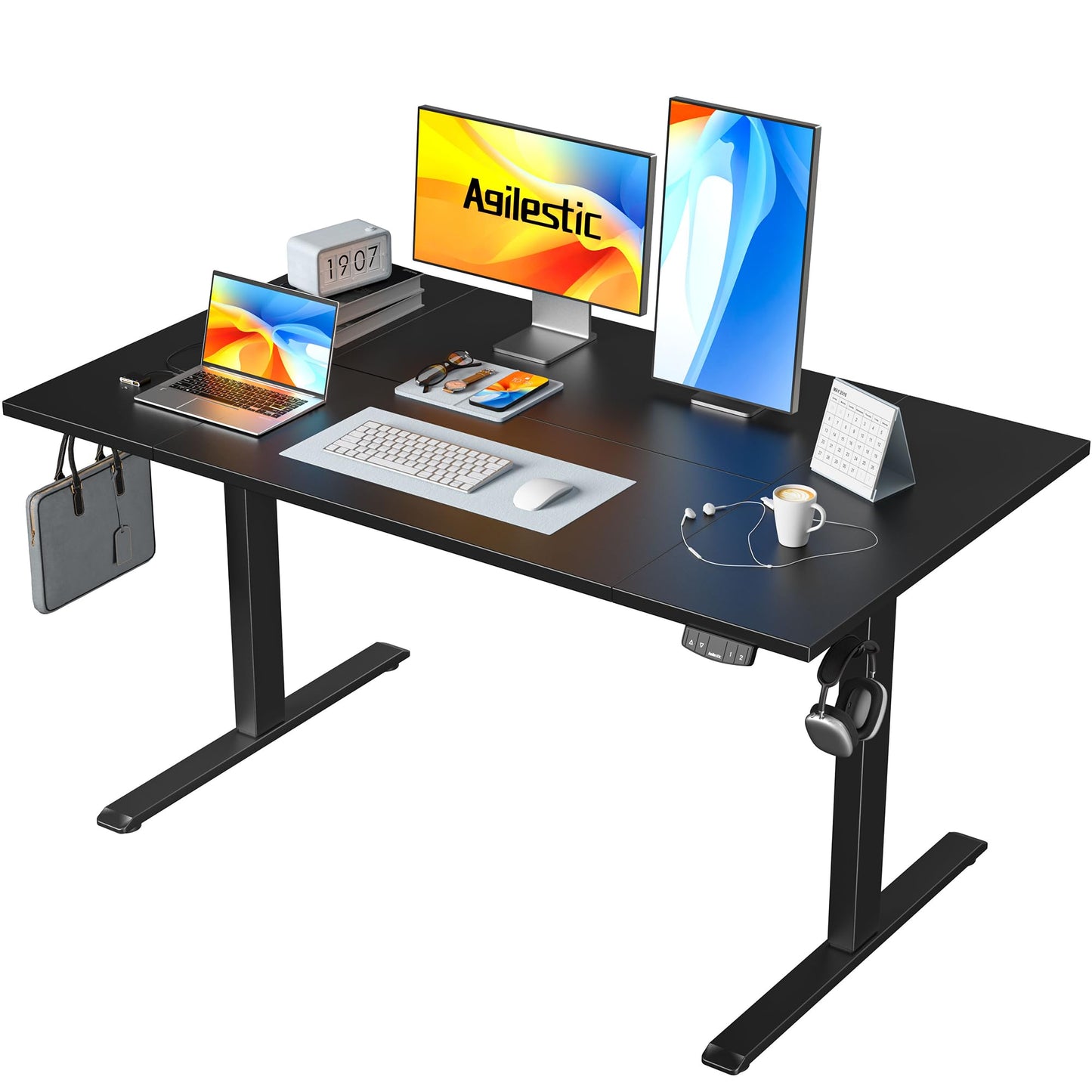 Agilestic 140 x 60 cm Escritorio Elevable Eléctrico con Tablero Escritorio Regulable en Altura Eléctrico Telescópico Bi-direccional con Control de Memoria y Tecnología Anticolisión, Negro