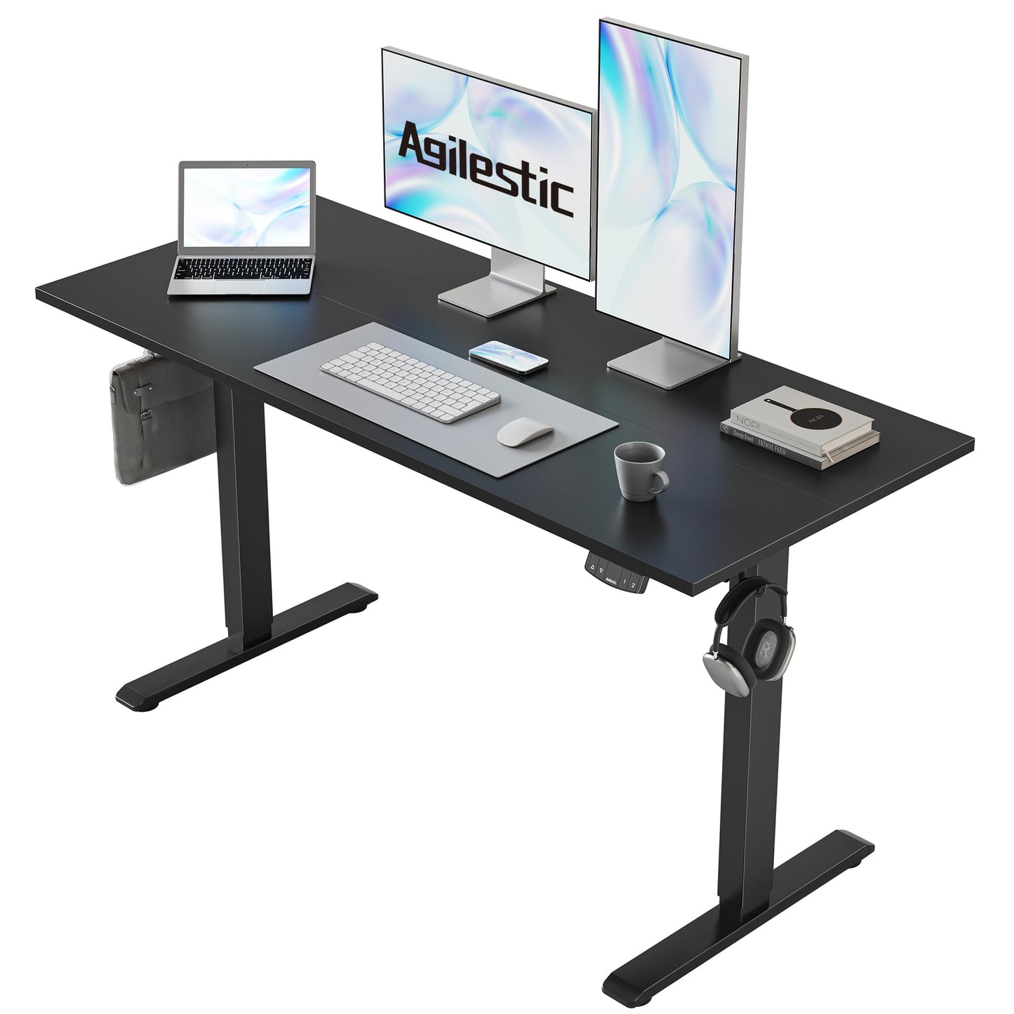 Agilestic 140 x 60 cm Escritorio Elevable Eléctrico con Tablero Escritorio Regulable en Altura Eléctrico Telescópico Bi-direccional con Control de Memoria y Tecnología Anticolisión, Negro