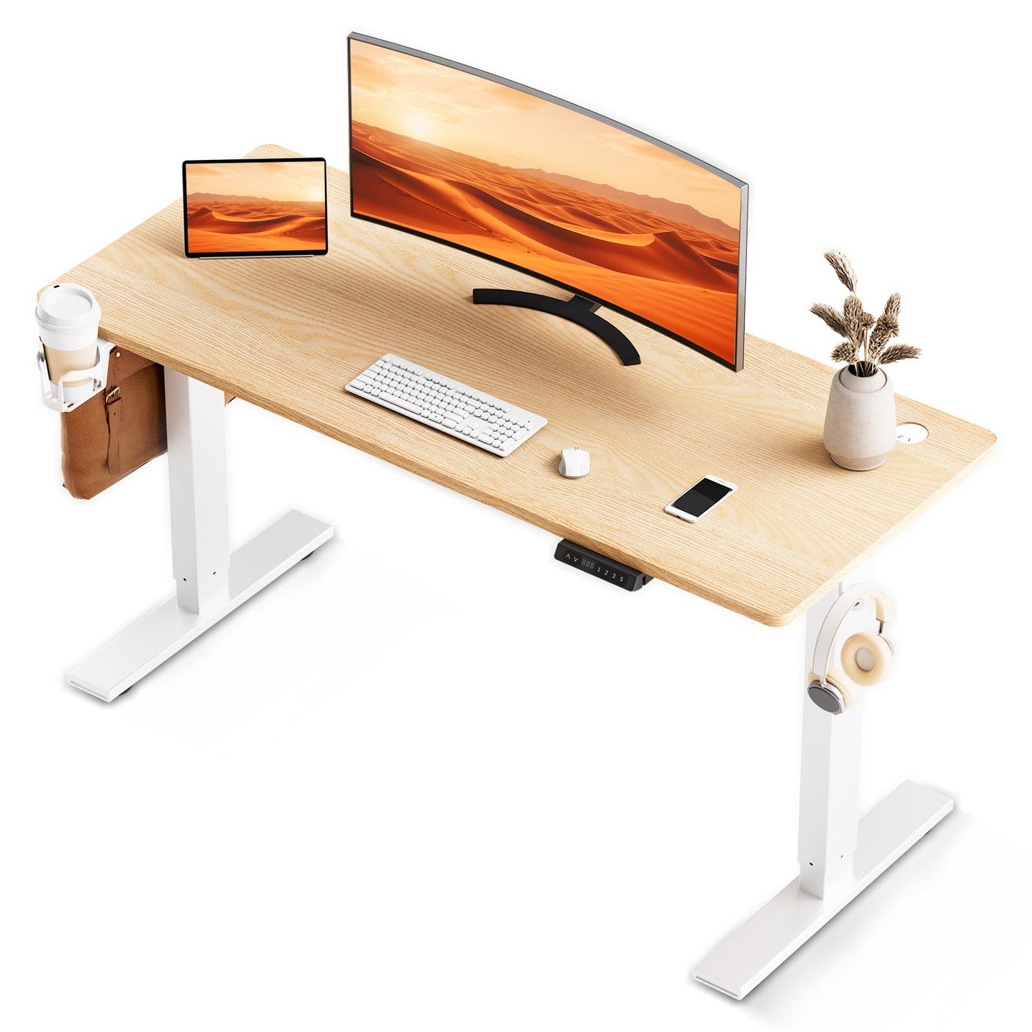 HOMAVO Escritorio Eléctrico De Pie para Sentarse 140x70cm, Escritorio Eléctrico con Memoria y Función Anticolisión, Puertos de Carga Rápida USB-A y Tipo-C, Escritorio Regulable en Altura (70-119CM)